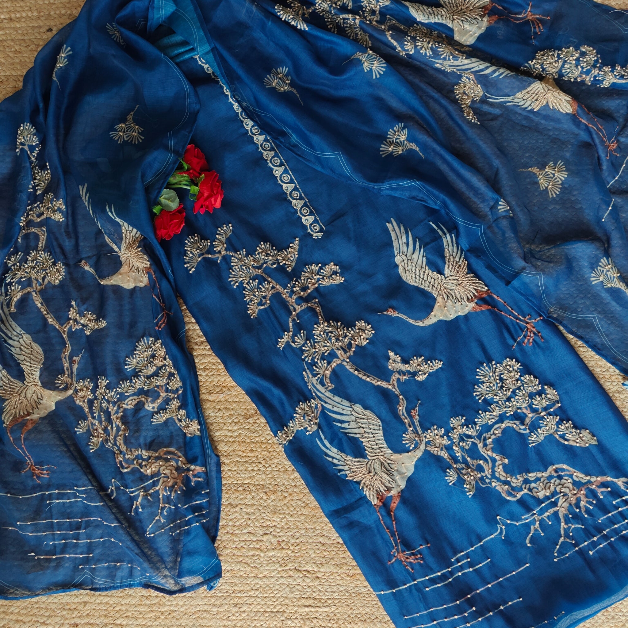 Deep Blue chanderi cotton knot Bird embroidery