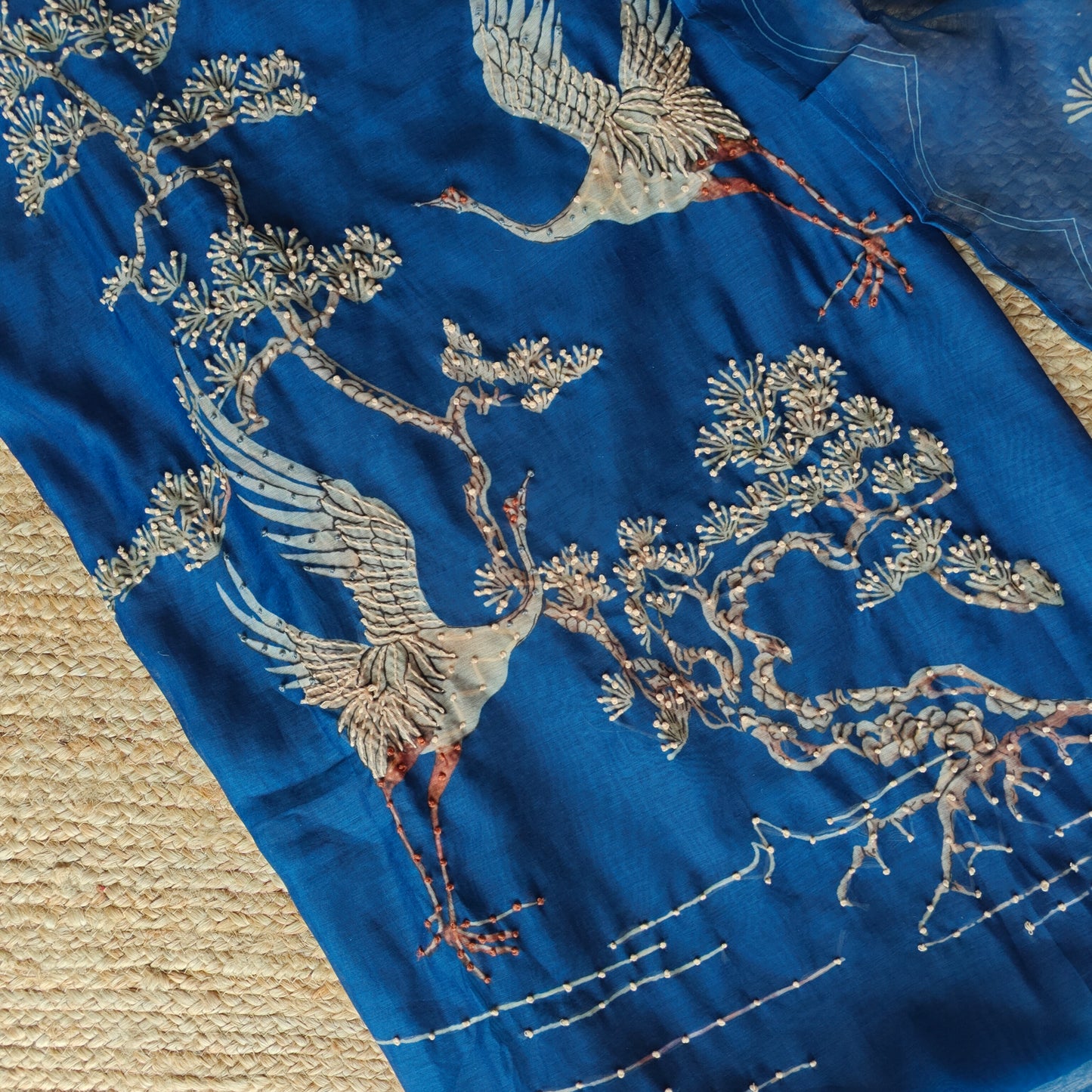 Deep Blue chanderi cotton knot Bird embroidery