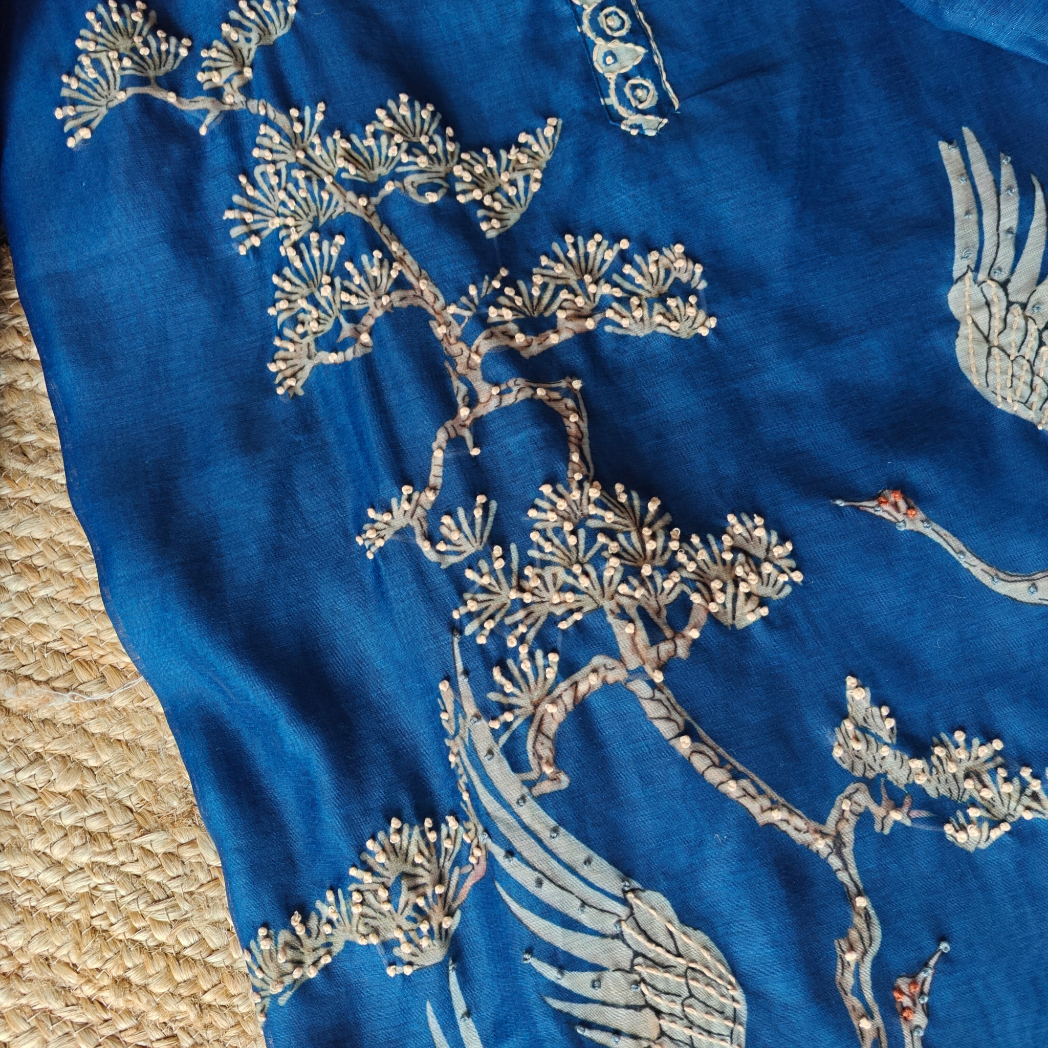 Deep Blue chanderi cotton knot Bird embroidery