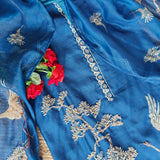 Deep Blue chanderi cotton knot Bird embroidery