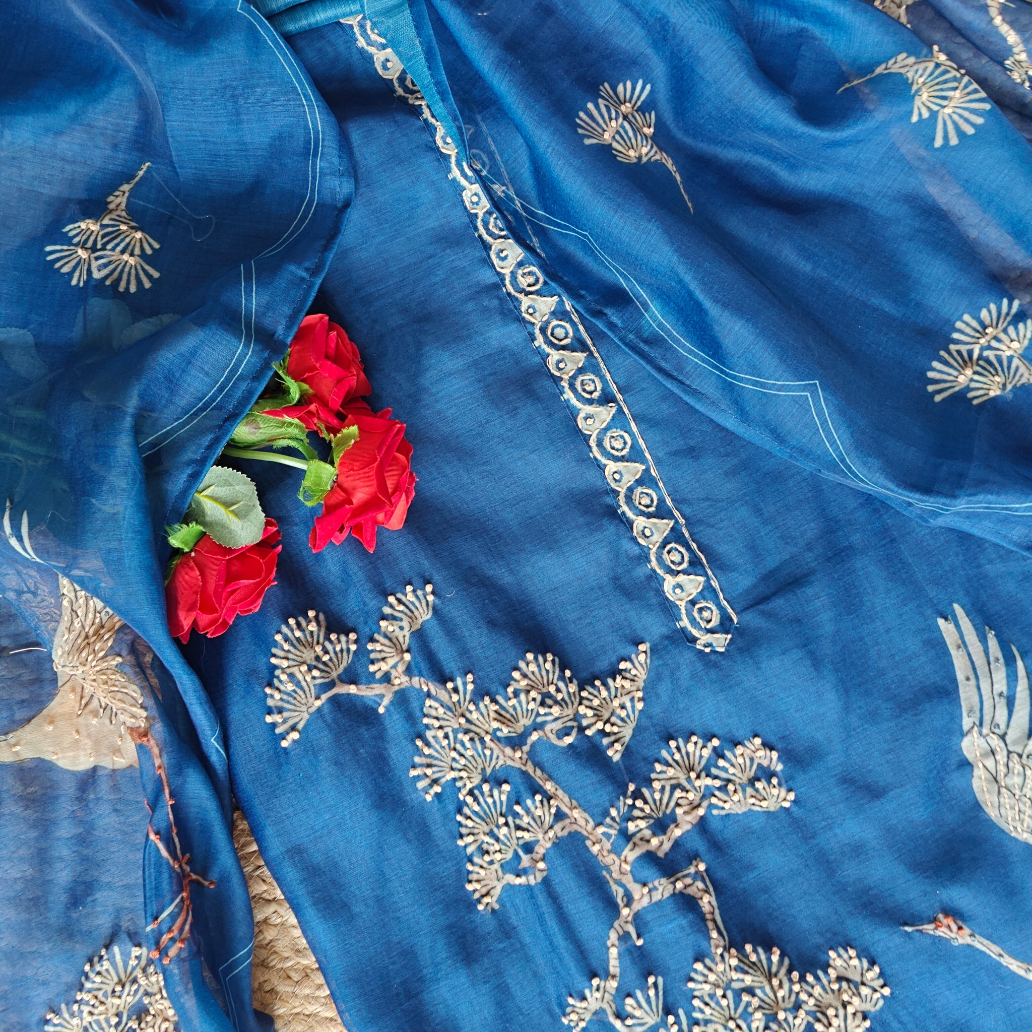 Deep Blue chanderi cotton knot Bird embroidery