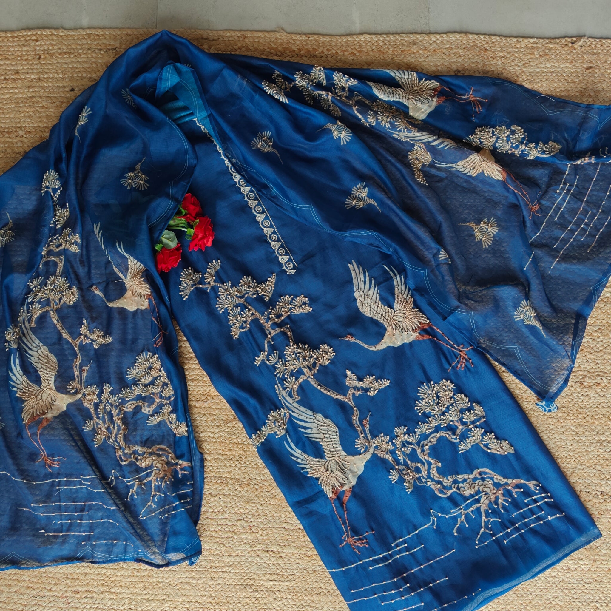 Deep Blue chanderi cotton knot Bird embroidery