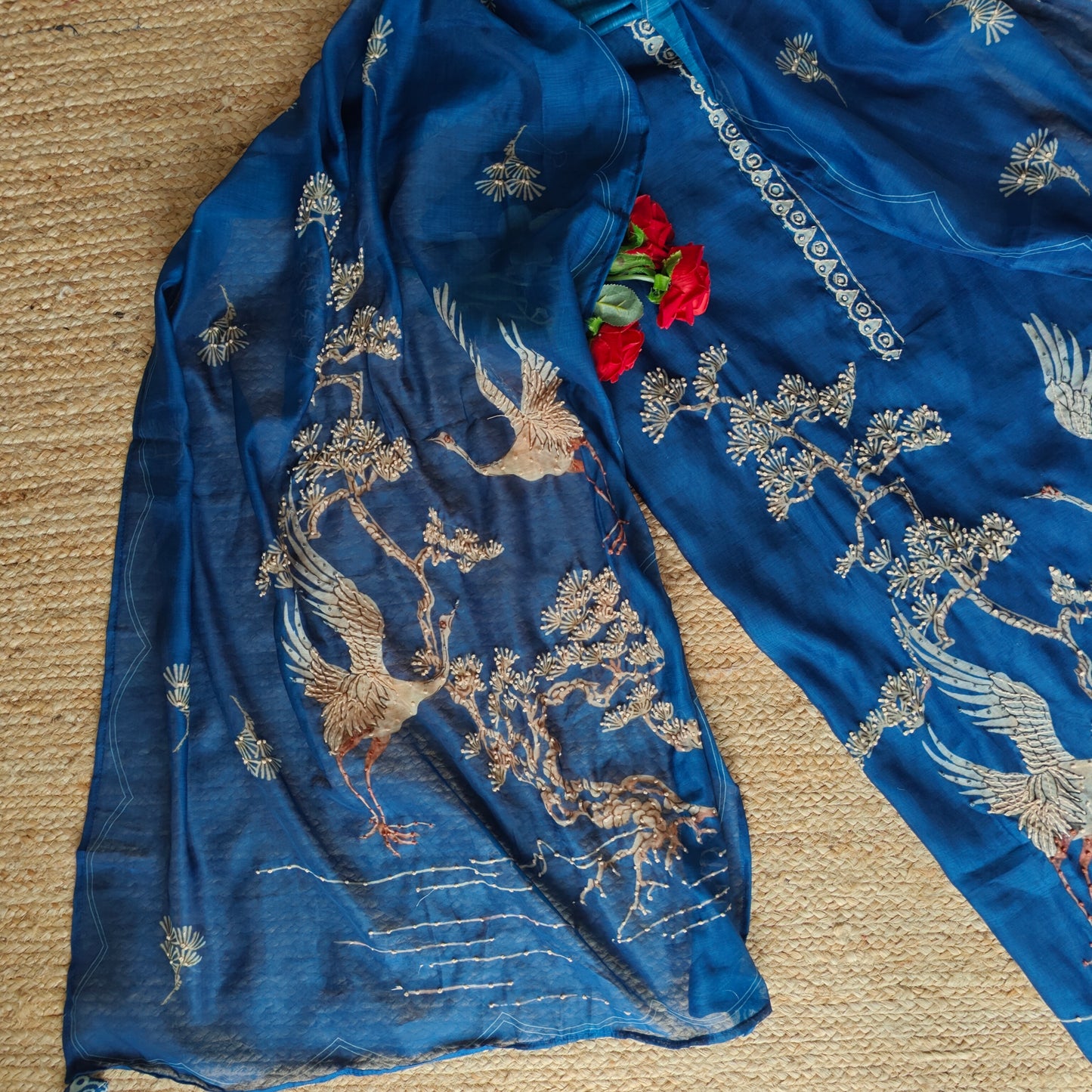 Deep Blue chanderi cotton knot Bird embroidery