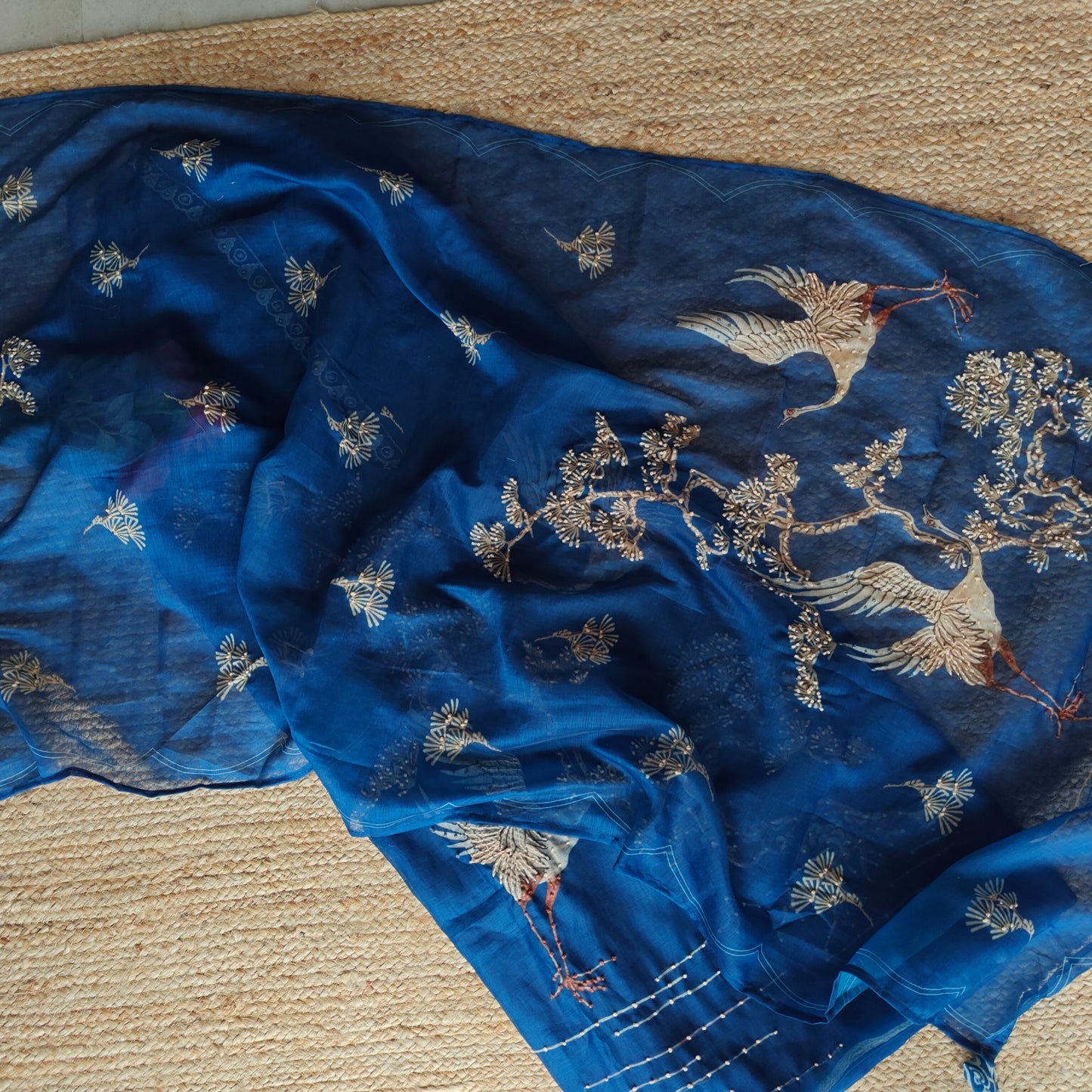 Deep Blue chanderi cotton knot Bird embroidery