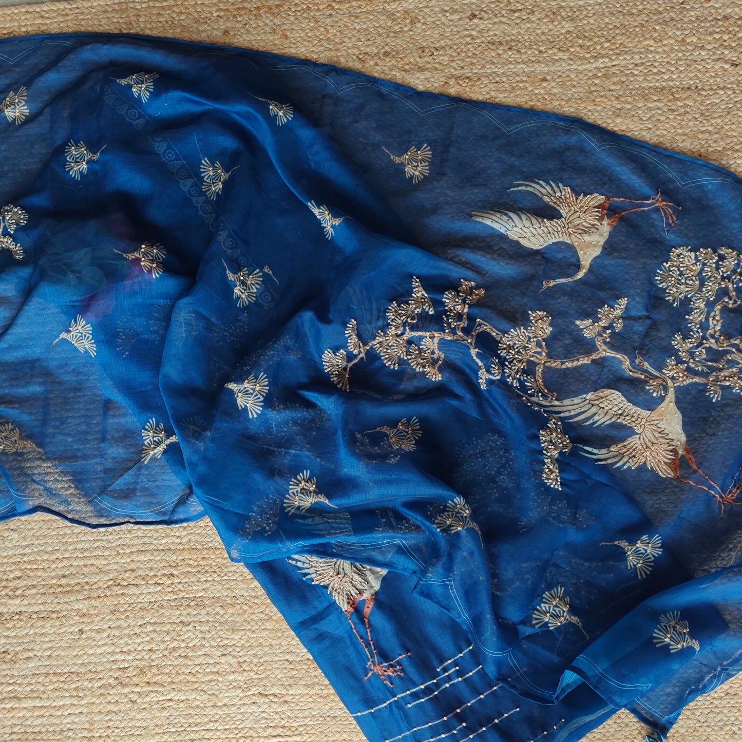 Deep Blue chanderi cotton knot Bird embroidery