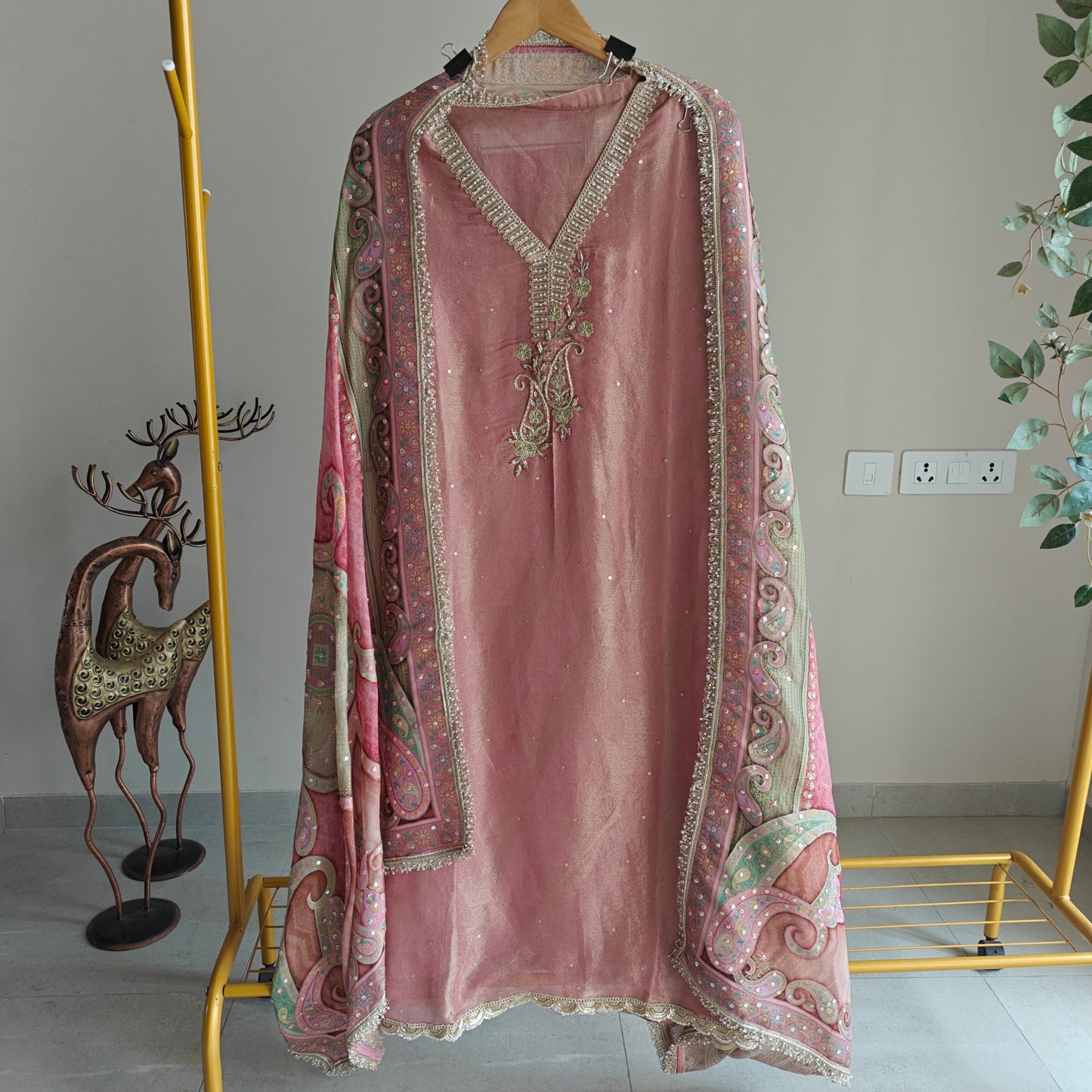 Onion Pink Tissue Kurta with Organza Designer Dupatta Unstitched suit set.