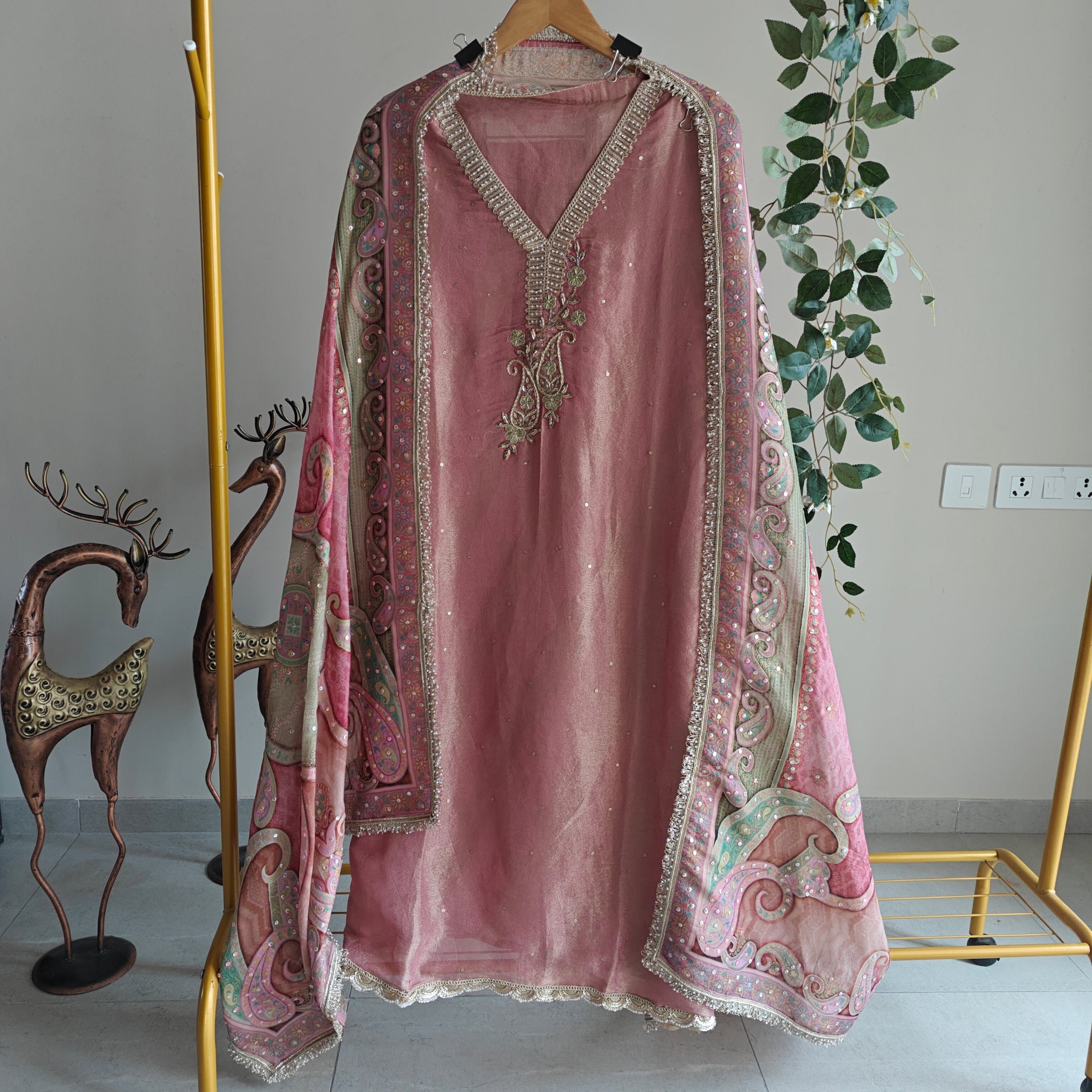 Onion Pink Tissue Kurta with Organza Designer Dupatta Unstitched suit set.