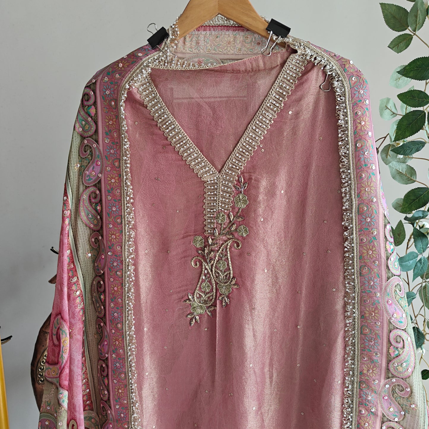 Onion Pink Tissue Kurta with Organza Designer Dupatta Unstitched suit set.