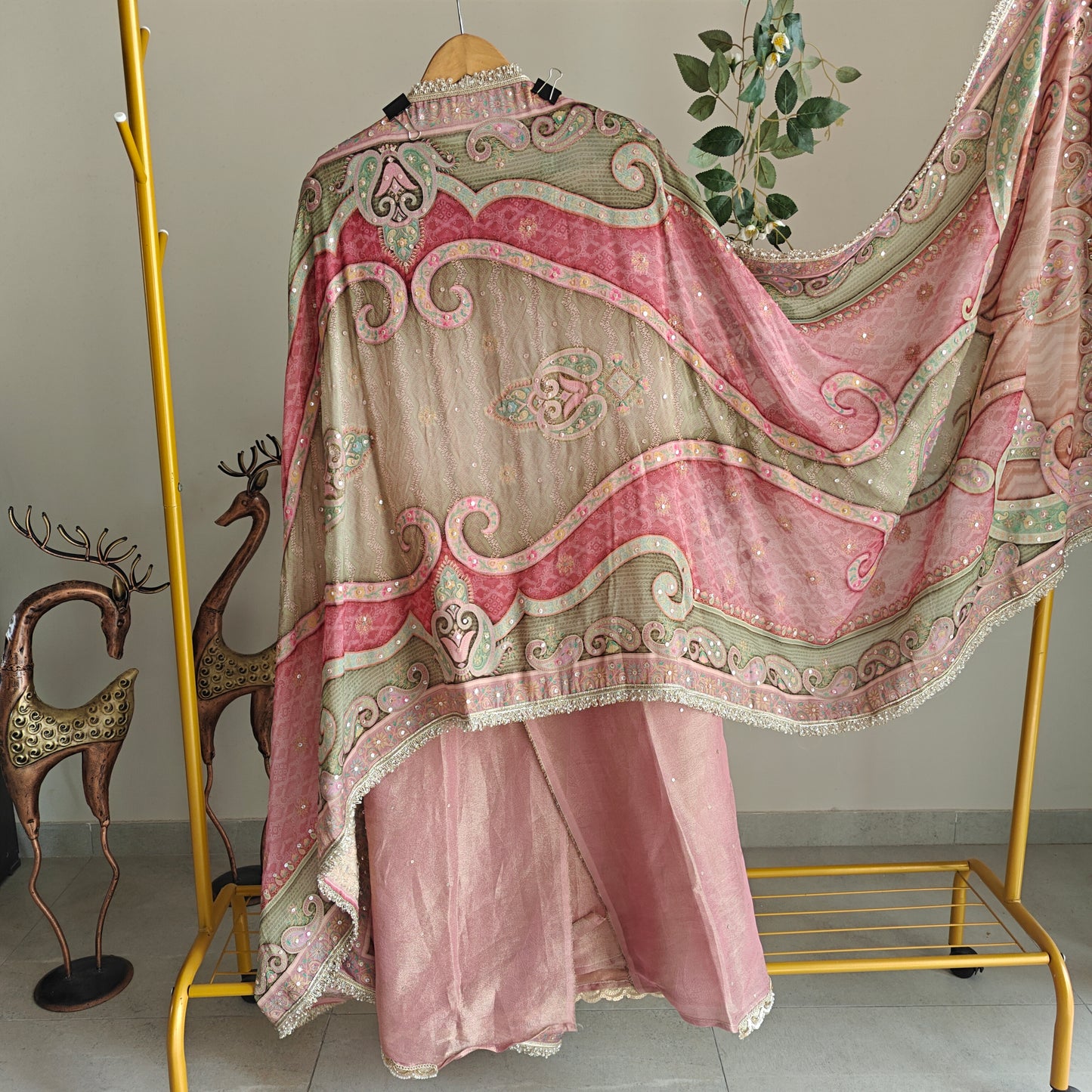 Onion Pink Tissue Kurta with Organza Designer Dupatta Unstitched suit set.