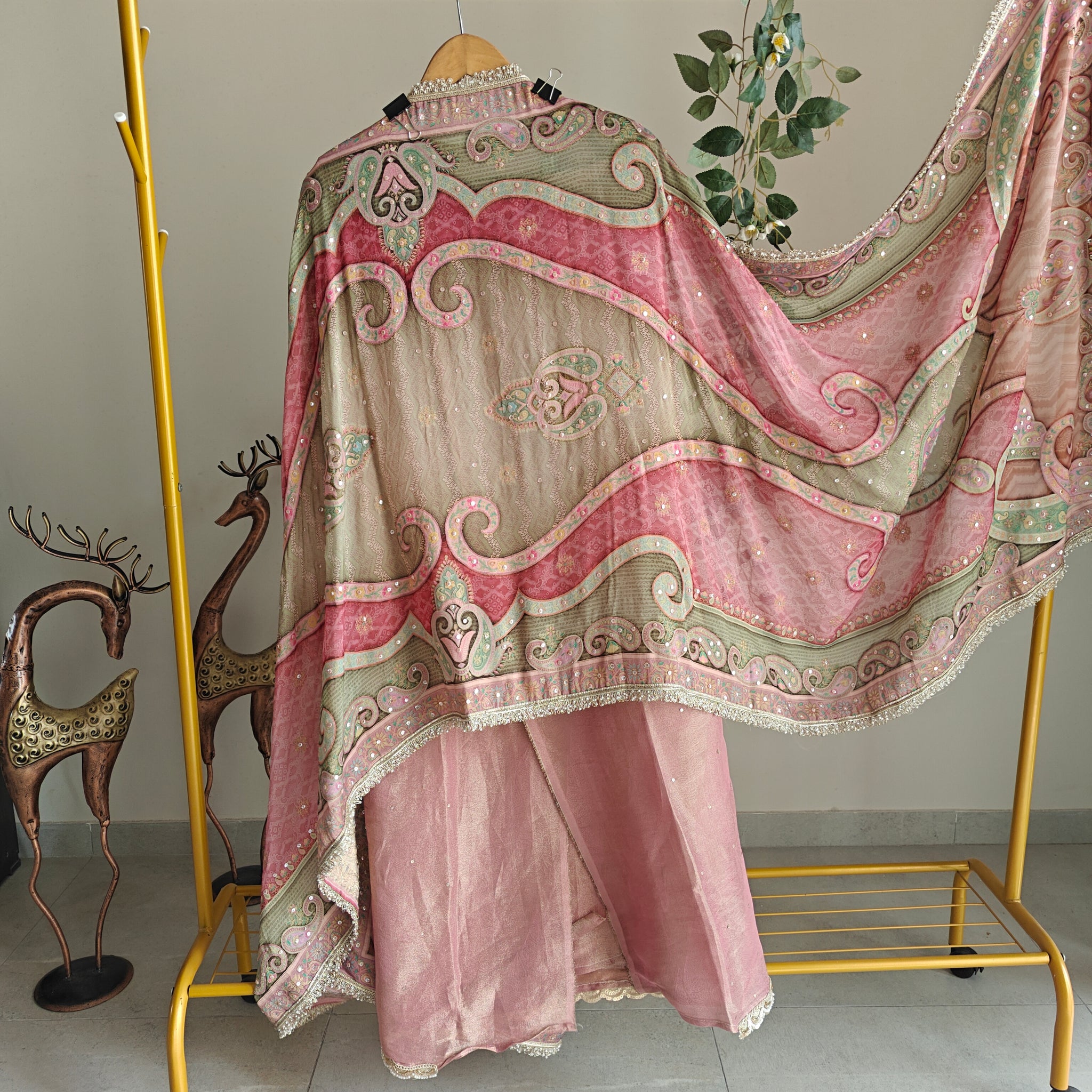 Onion Pink Tissue Kurta with Organza Designer Dupatta Unstitched suit set.