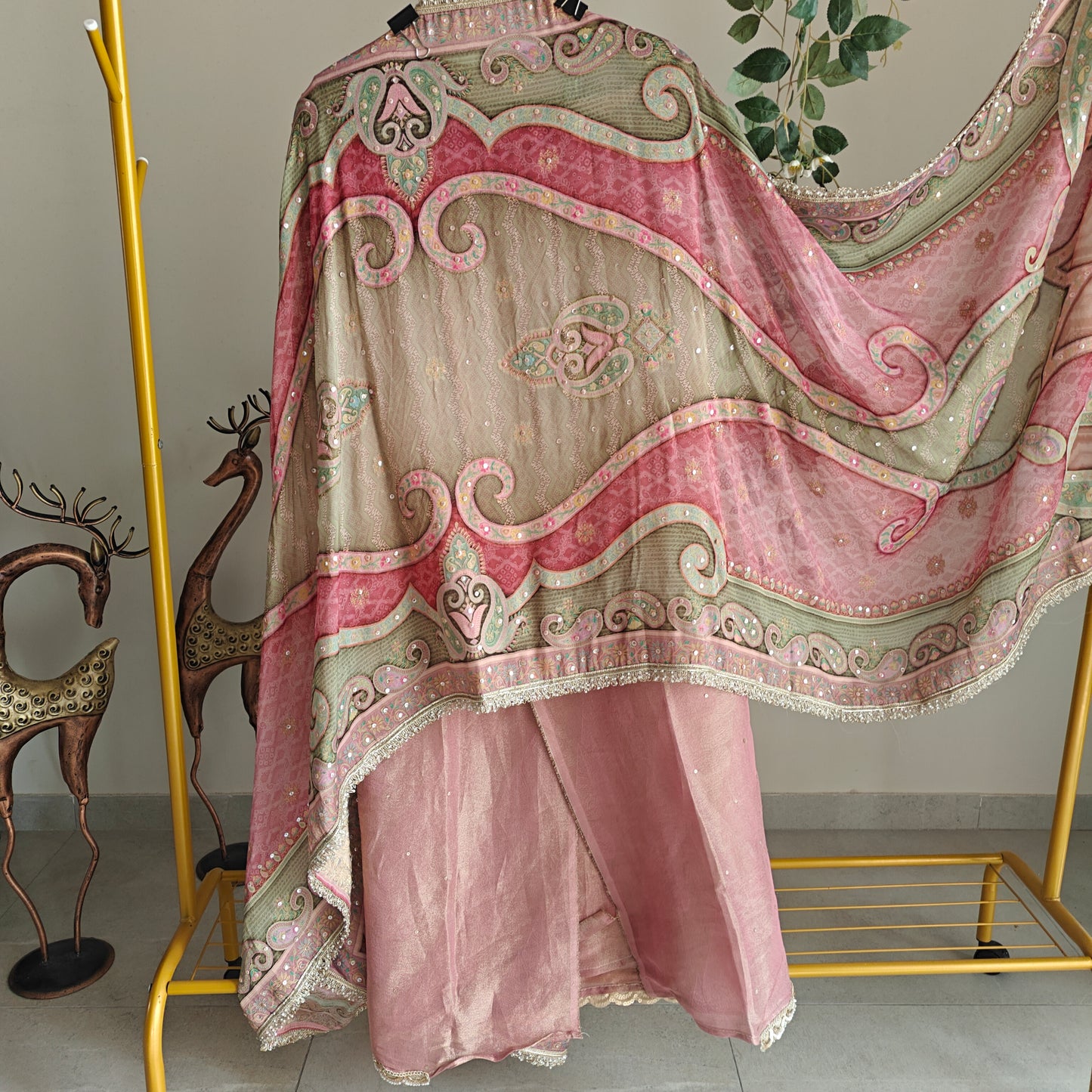 Onion Pink Tissue Kurta with Organza Designer Dupatta Unstitched suit set.