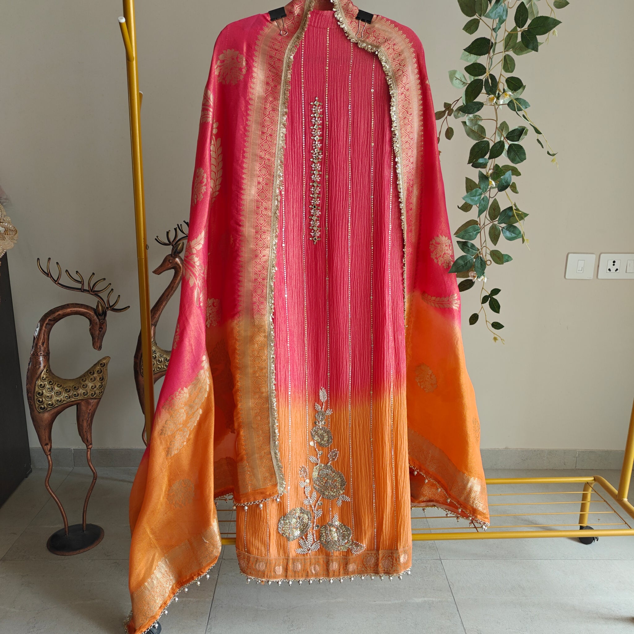 Ombre Pink Orange Partywear handwork Unstitched suit set