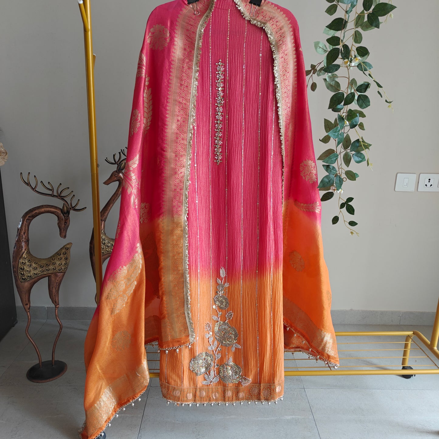 Ombre Pink Orange Partywear handwork Unstitched suit set