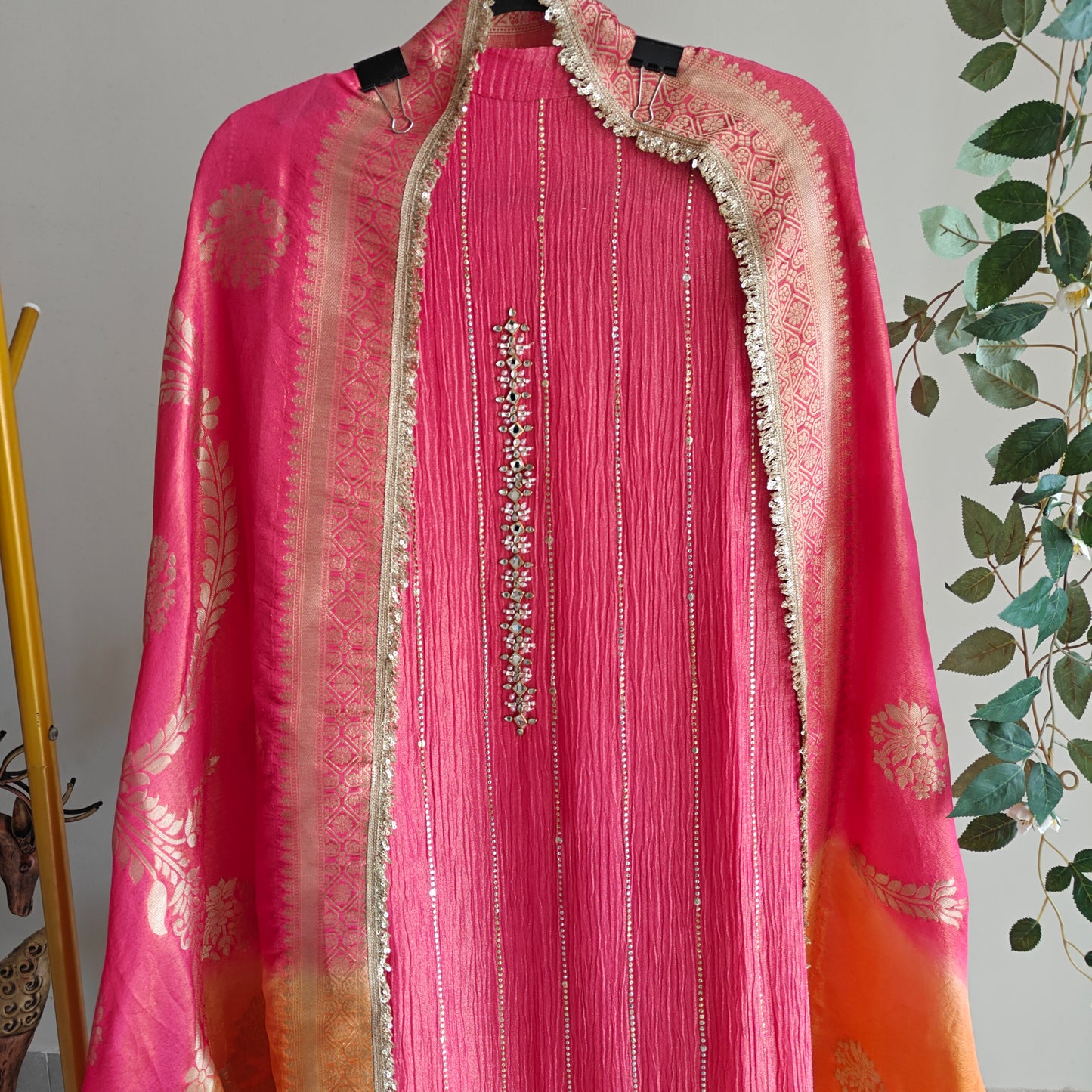 Ombre Pink Orange Partywear handwork Unstitched suit set