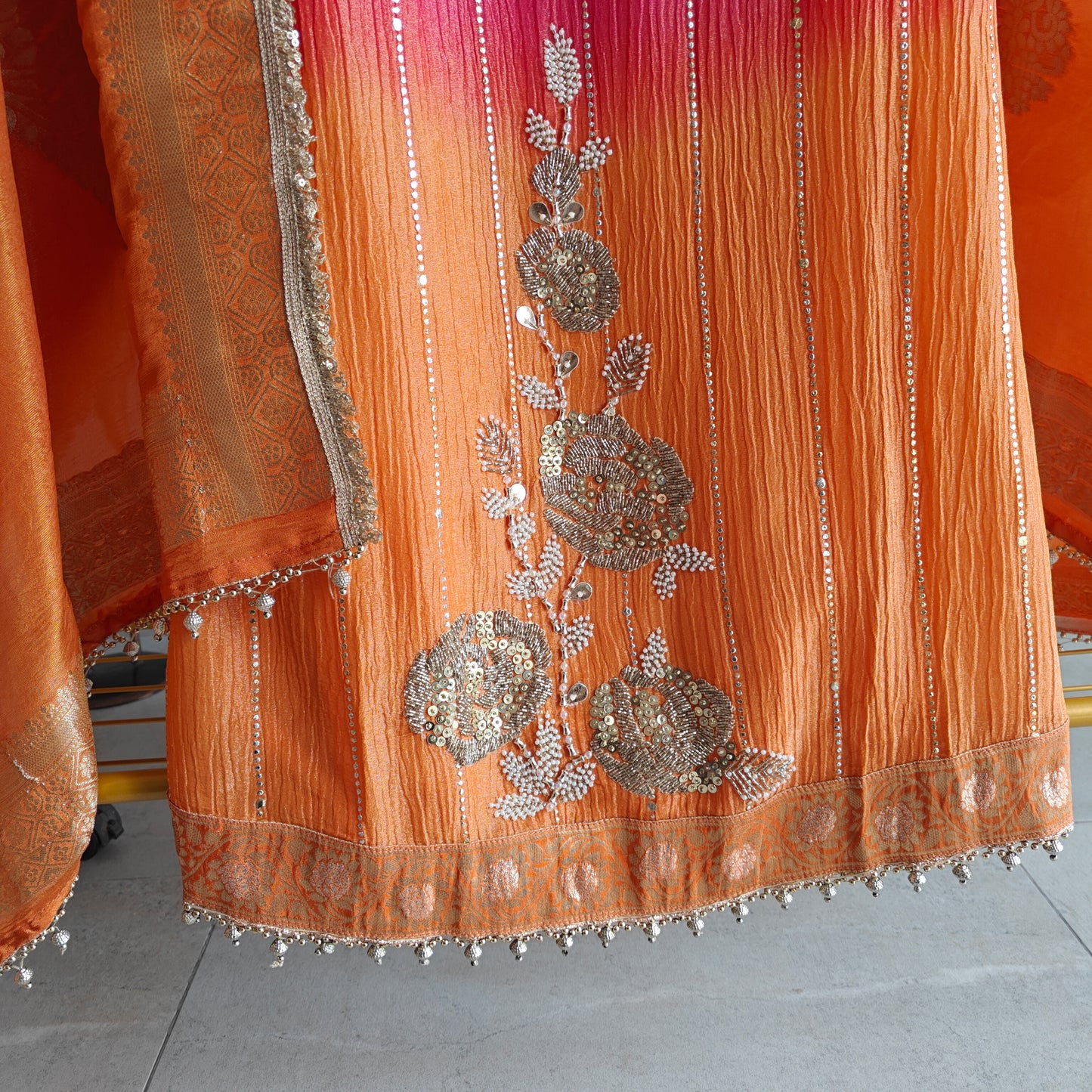 Ombre Pink Orange Partywear handwork Unstitched suit set