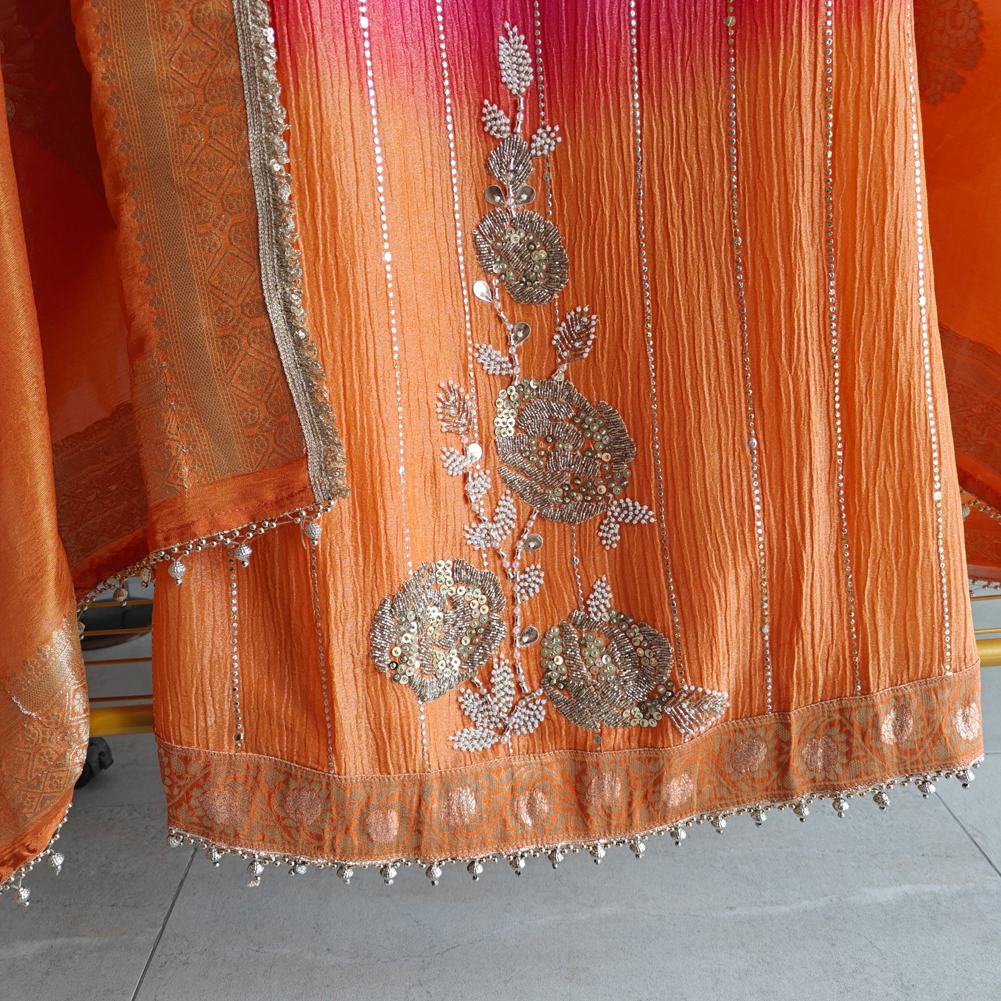 Ombre Pink Orange Partywear handwork Unstitched suit set