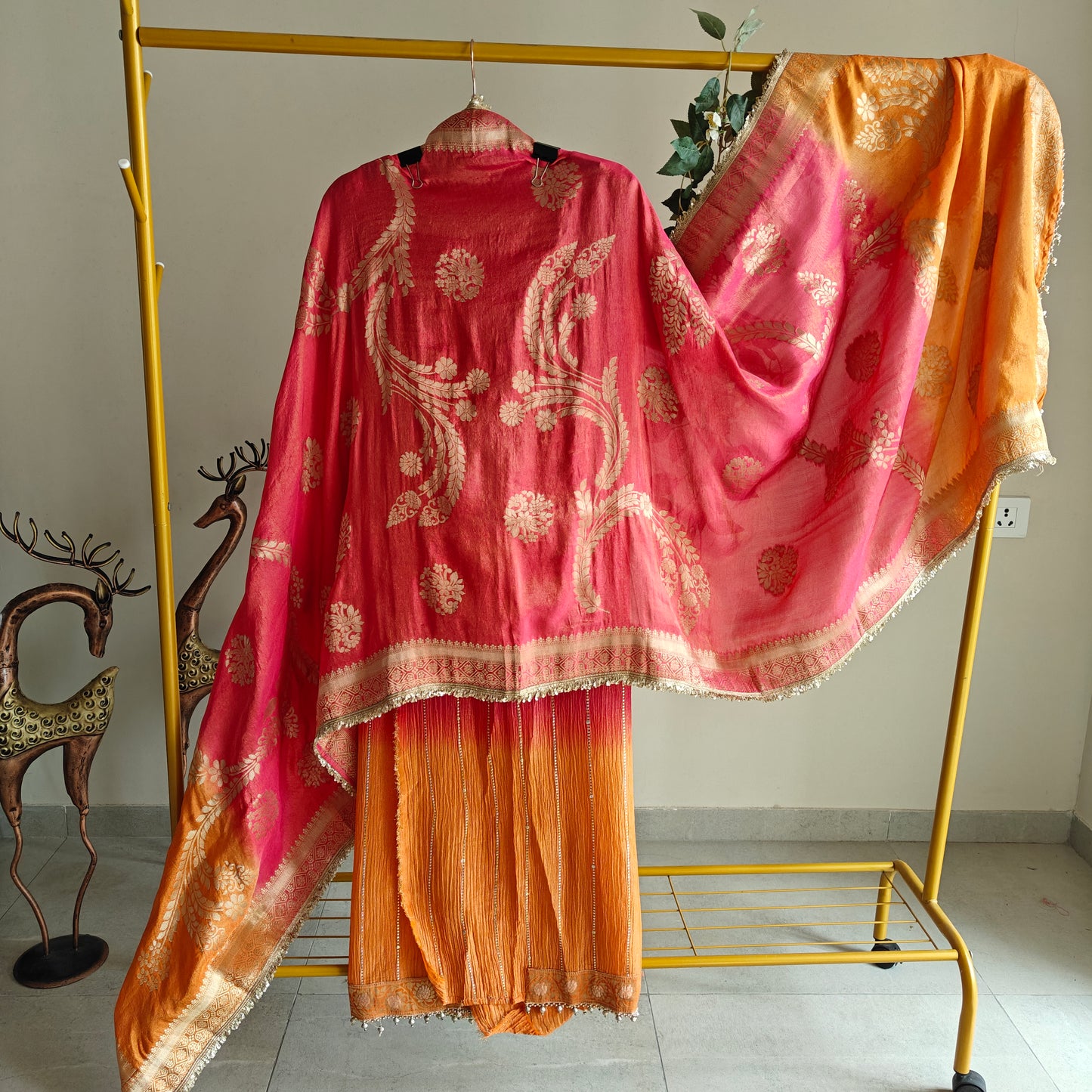 Ombre Pink Orange Partywear handwork Unstitched suit set