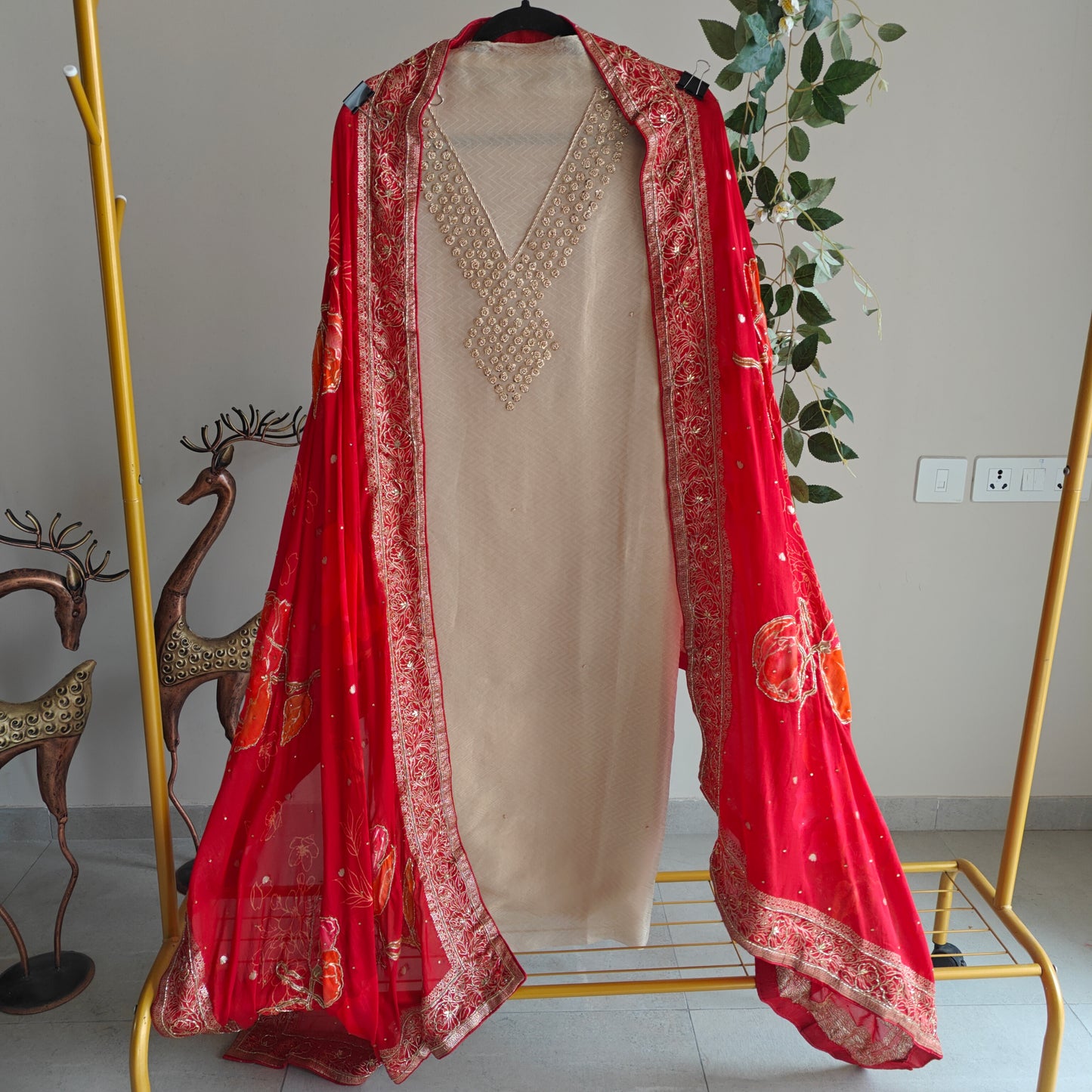 Partywear Gold kurta with Red dupatta unstitched suit set material