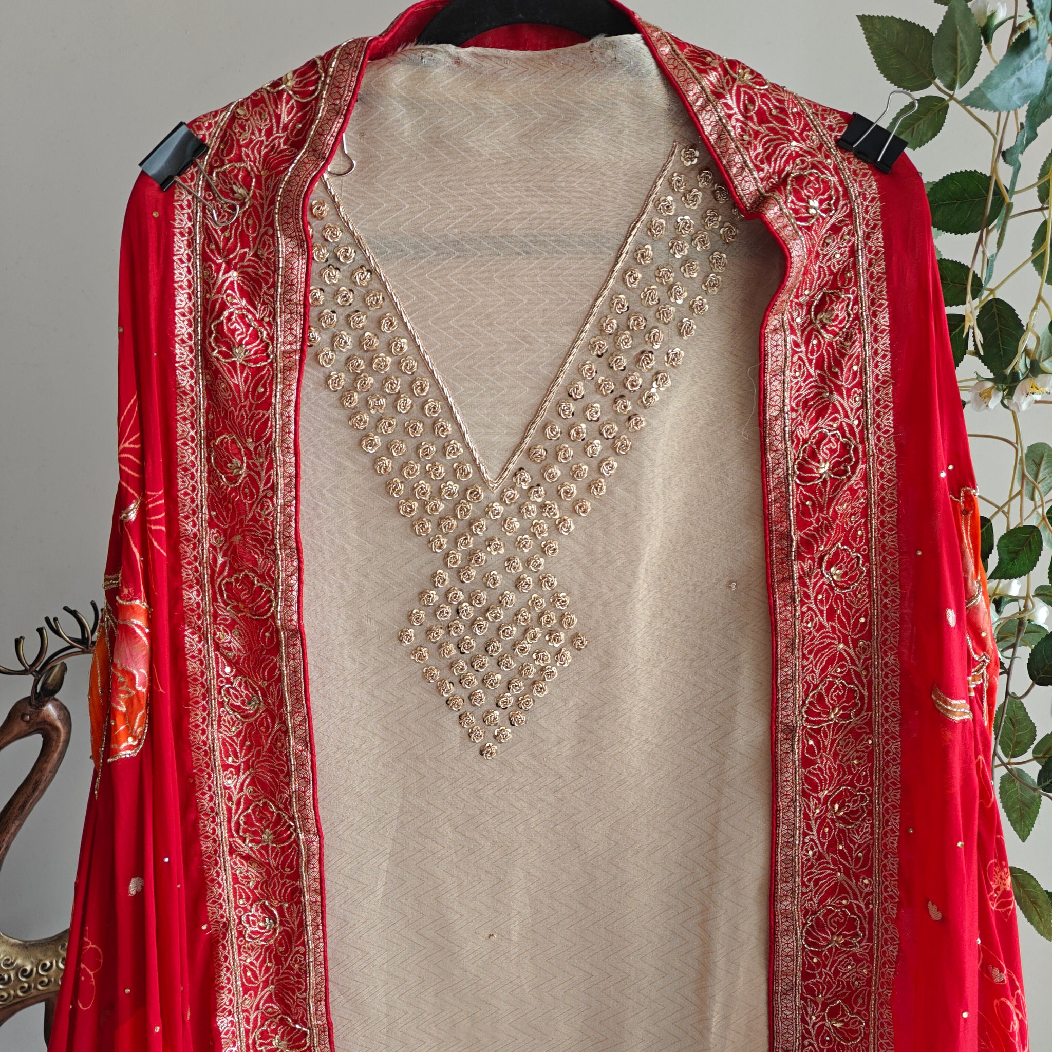 Partywear Gold kurta with Red dupatta unstitched suit set material