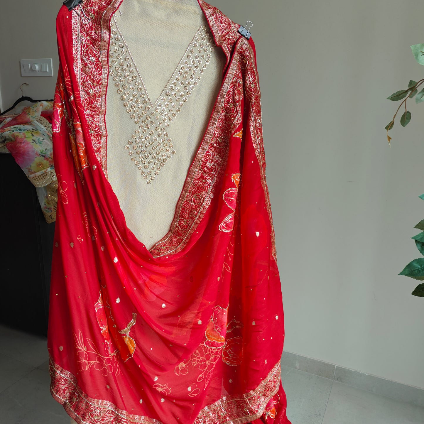 Partywear Gold kurta with Red dupatta unstitched suit set material