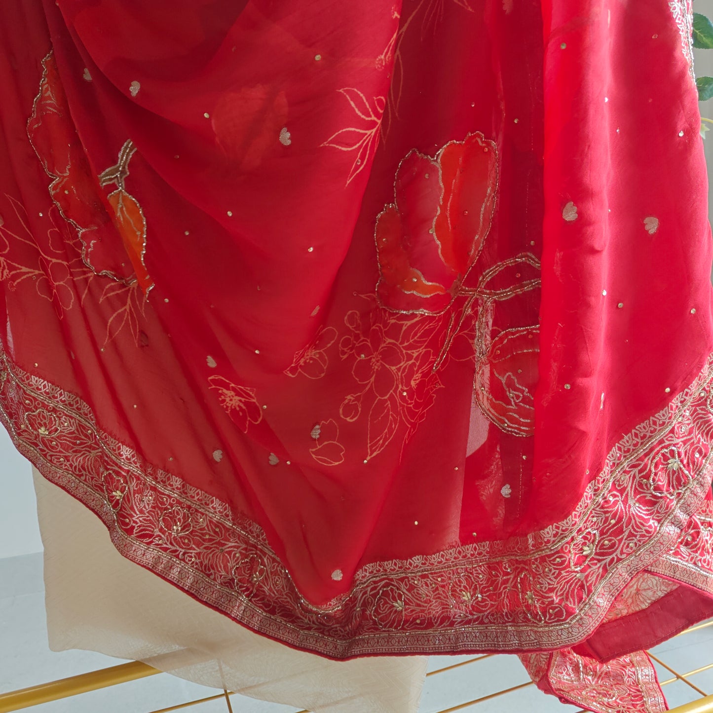 Partywear Gold kurta with Red dupatta unstitched suit set material