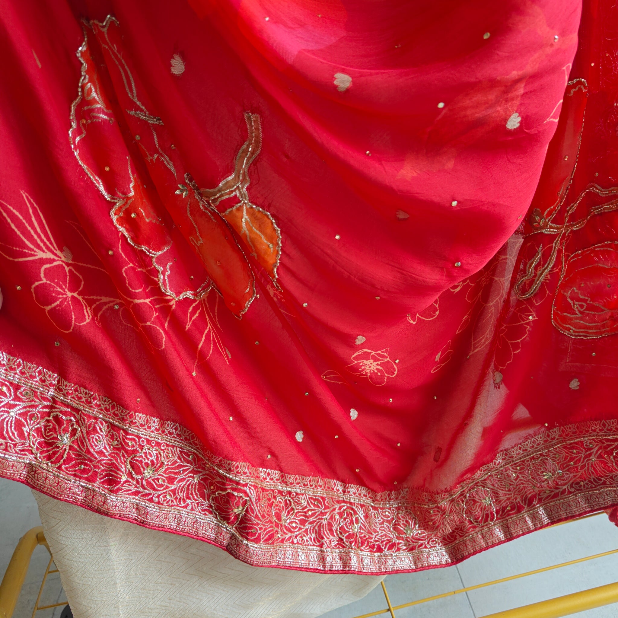 Partywear Gold kurta with Red dupatta unstitched suit set material