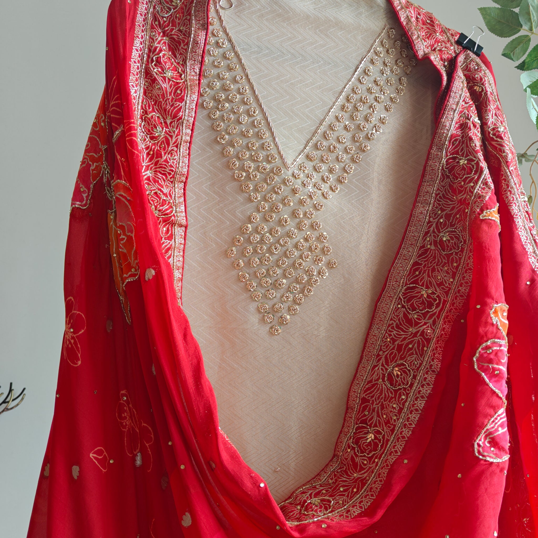 Partywear Gold kurta with Red dupatta unstitched suit set material