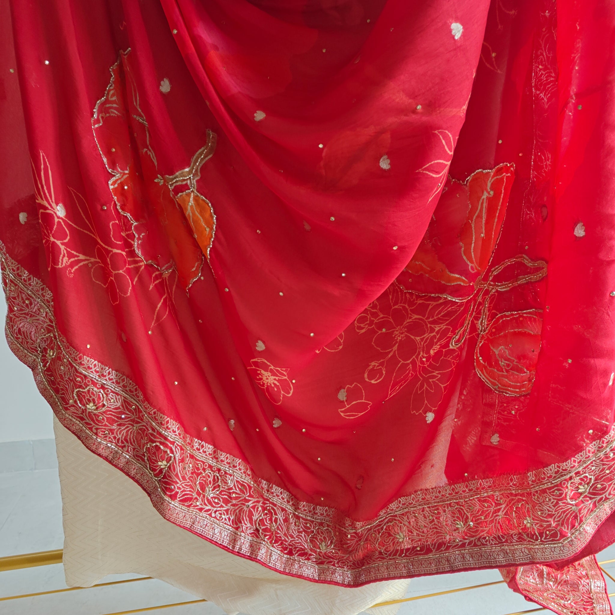 Partywear Gold kurta with Red dupatta unstitched suit set material