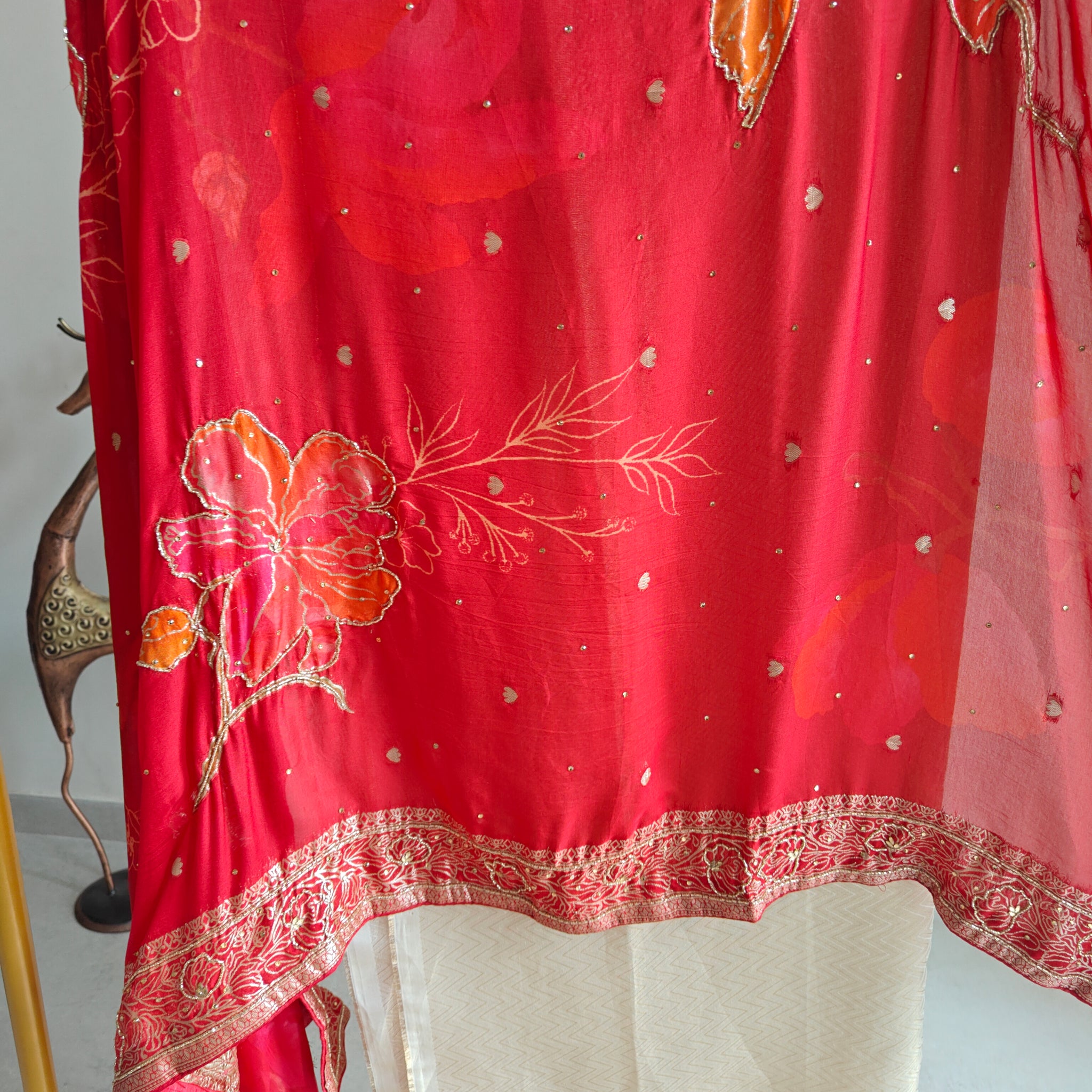 Partywear Gold kurta with Red dupatta unstitched suit set material