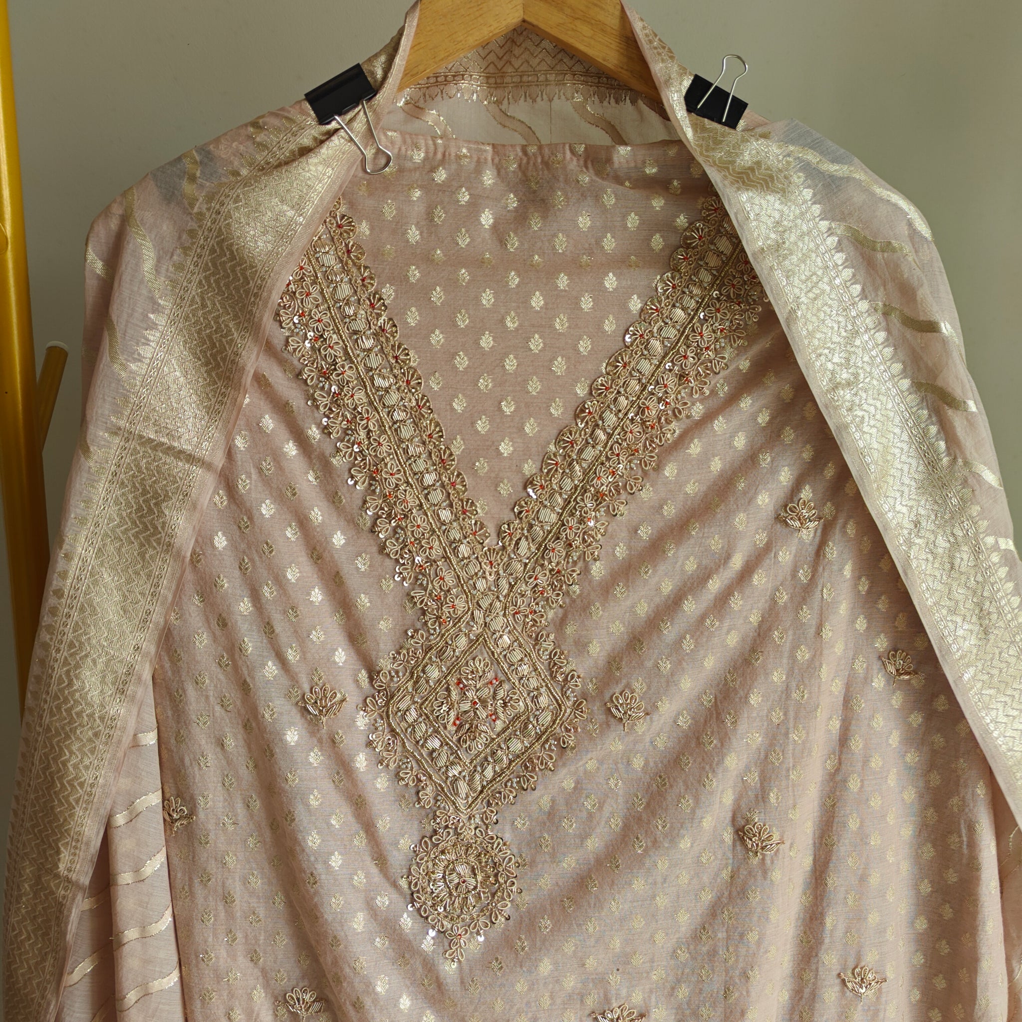 Pure Mul Chanderi with Hand Zardosi and Golden Zari weaving Dress Material