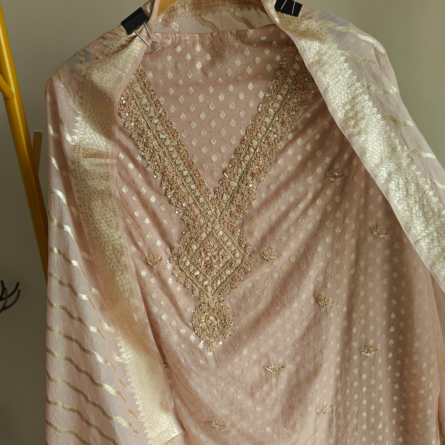 Pure Mul Chanderi with Hand Zardosi and Golden Zari weaving Dress Material
