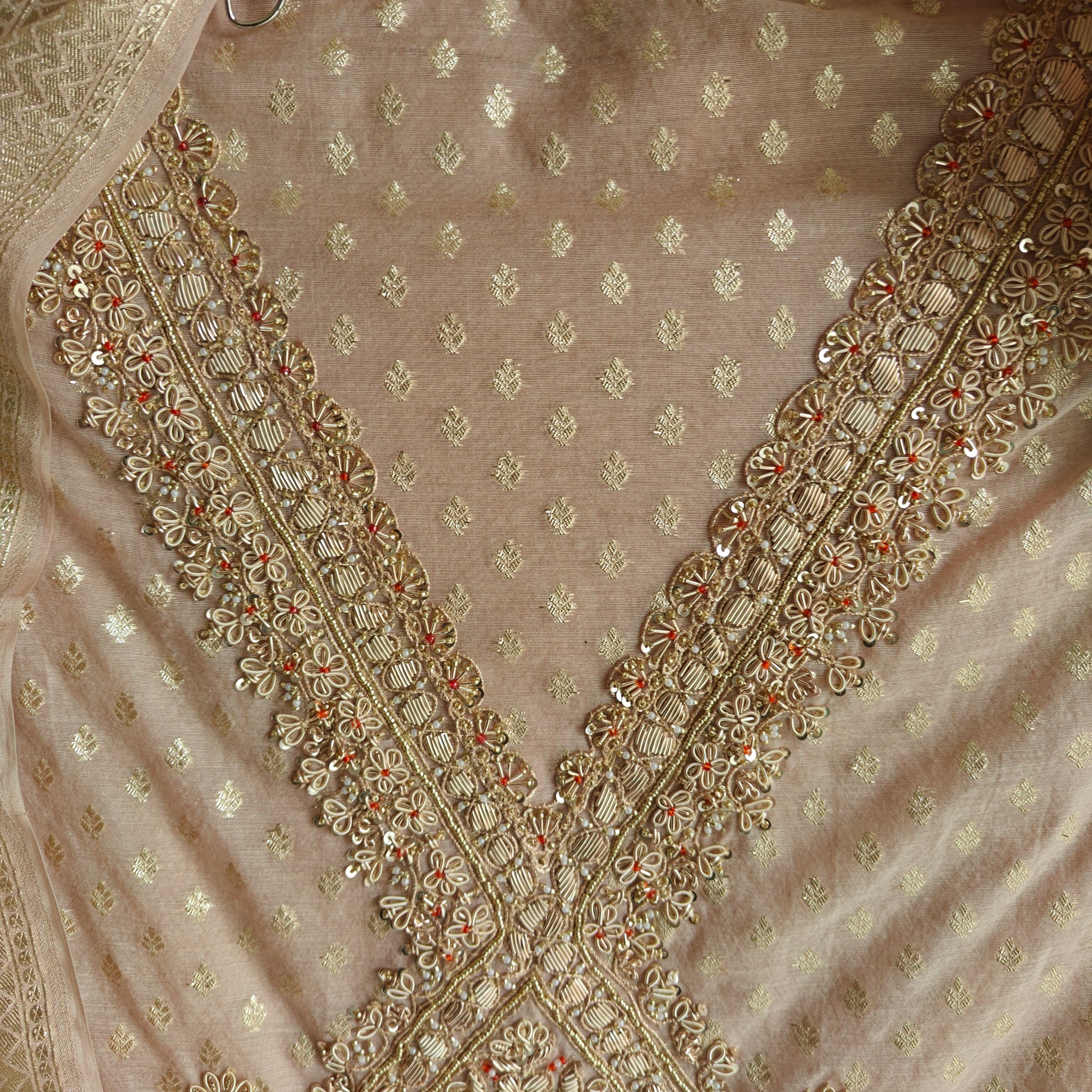 Pure Mul Chanderi with Hand Zardosi and Golden Zari weaving Dress Material