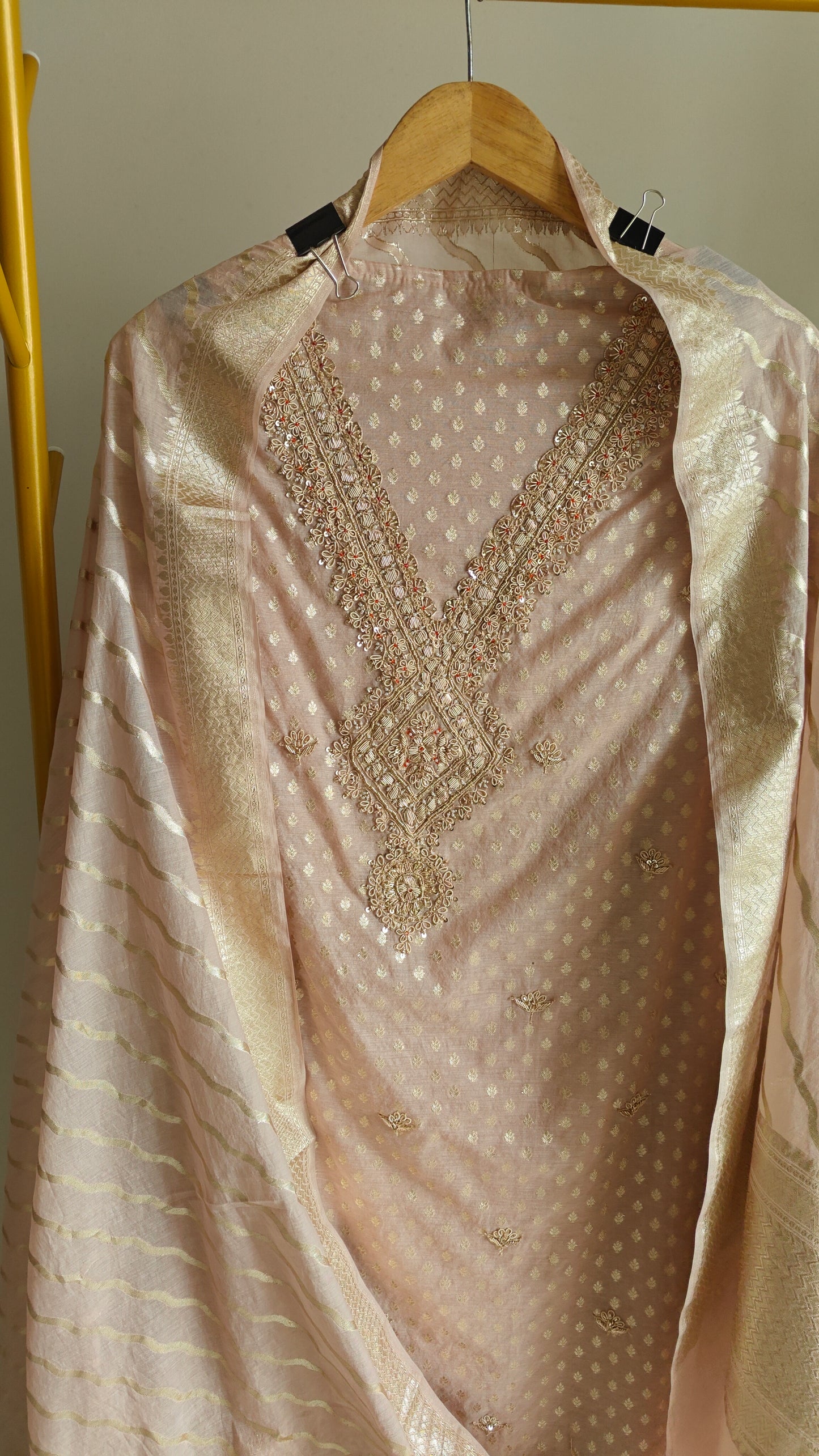 Pure Mul Chanderi with Hand Zardosi and Golden Zari weaving Dress Material