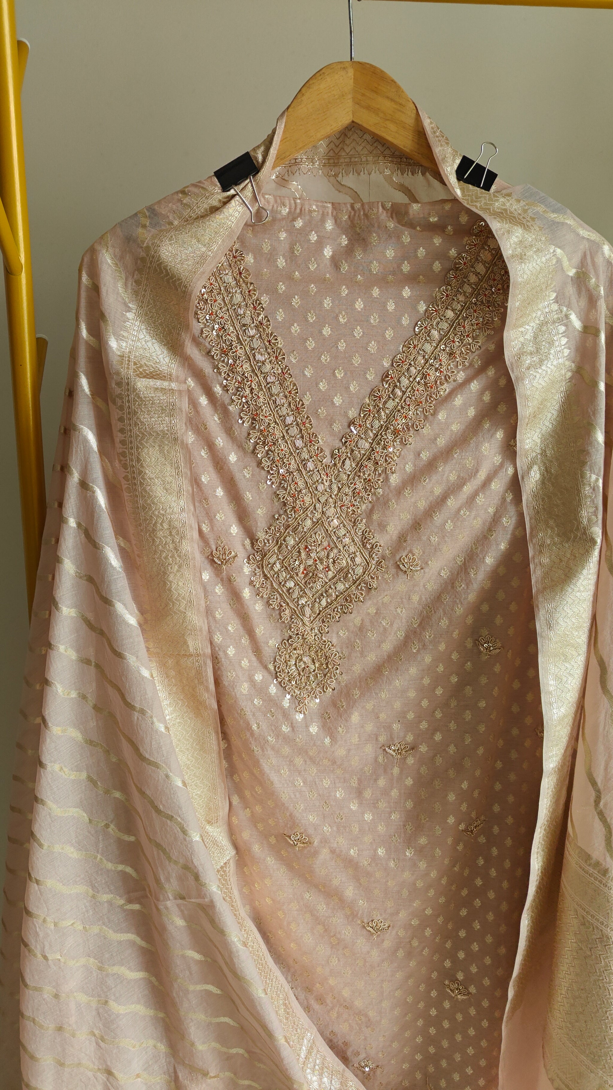 Pure Mul Chanderi with Hand Zardosi and Golden Zari weaving Dress Material