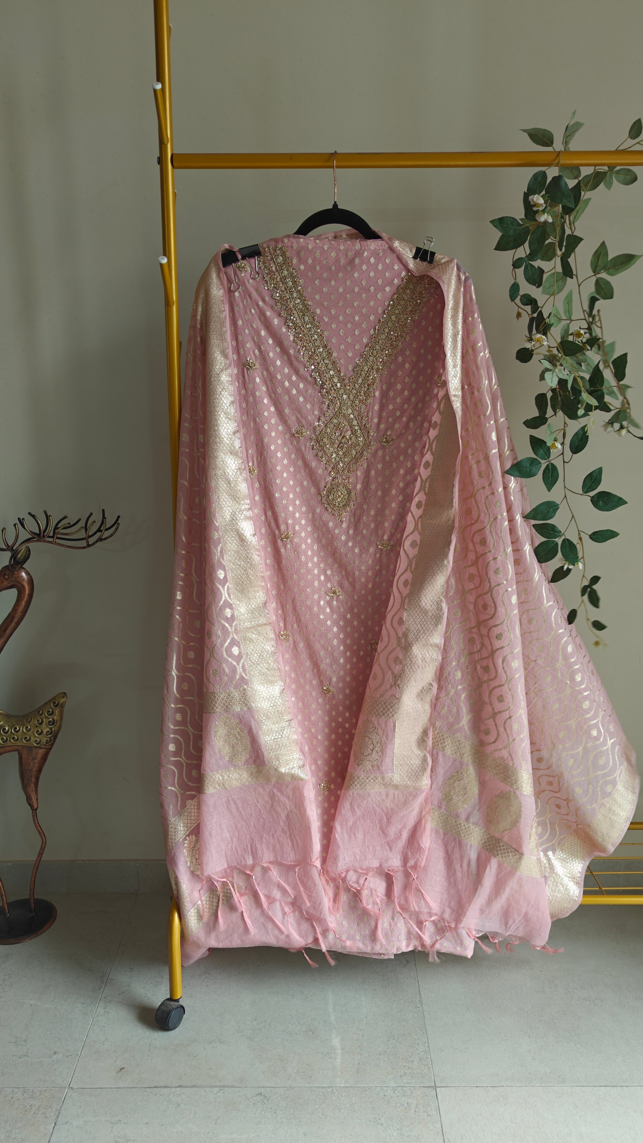 Pink Pure Mul Chanderi with Hand Zardosi and Golden Zari weaving Dress Material