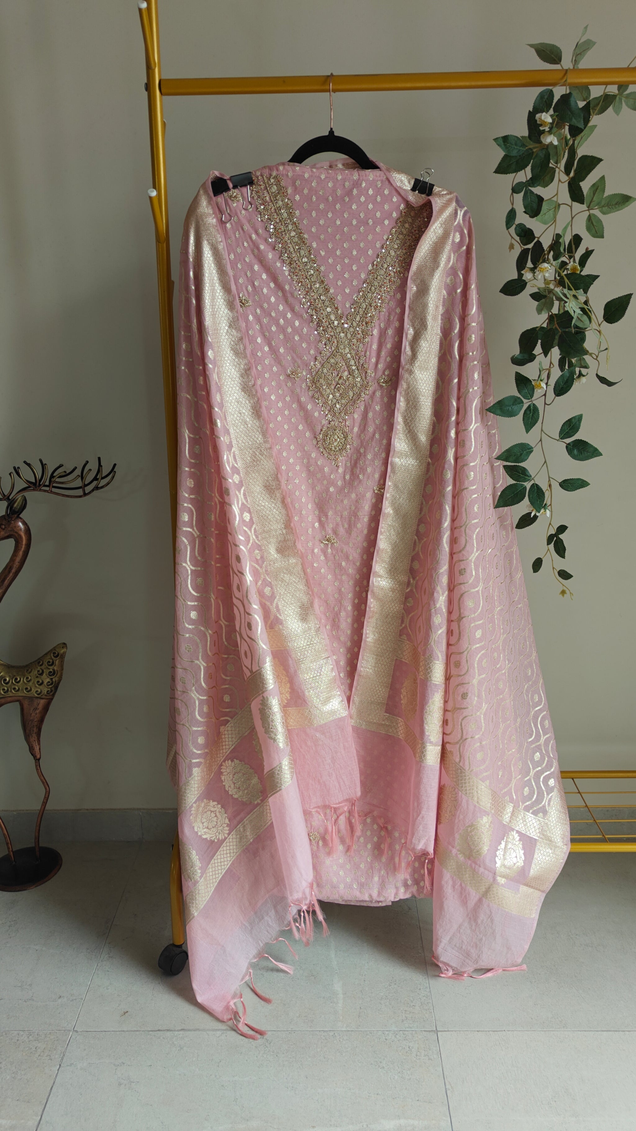 Pink Pure Mul Chanderi with Hand Zardosi and Golden Zari weaving Dress Material