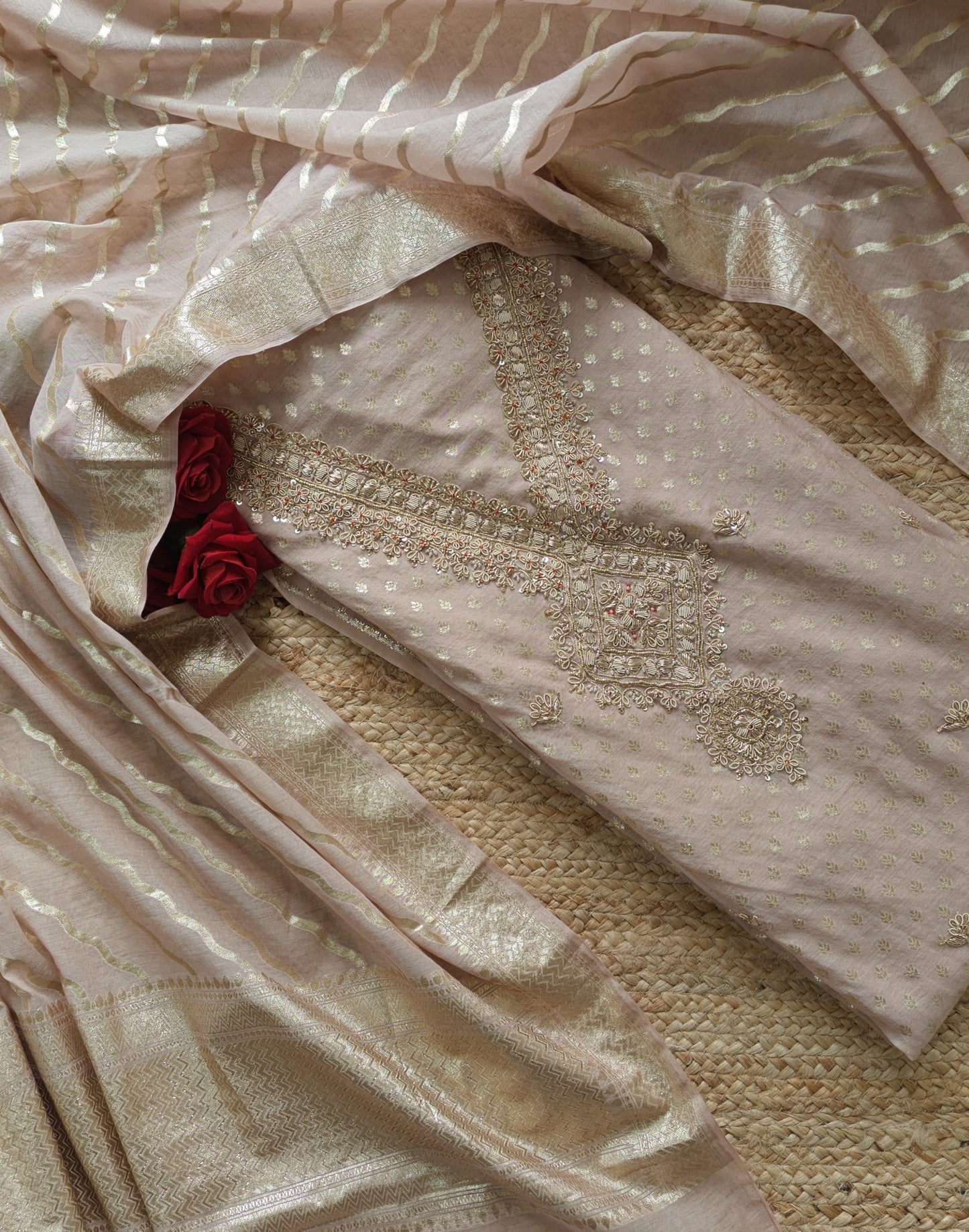 Pure Mul Chanderi with Hand Zardosi and Golden Zari weaving Dress Material