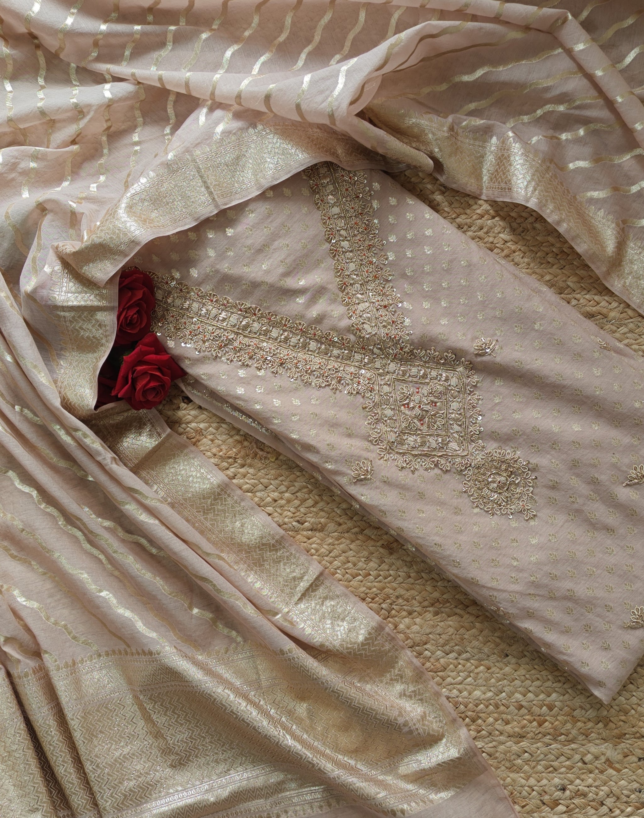 Pure Mul Chanderi with Hand Zardosi and Golden Zari weaving Dress Material