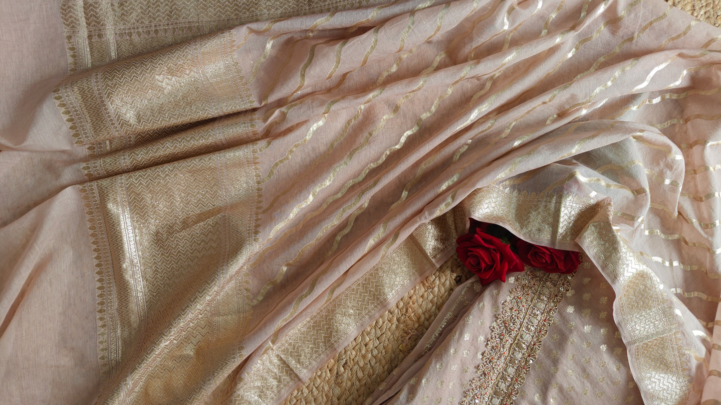 Pure Mul Chanderi with Hand Zardosi and Golden Zari weaving Dress Material