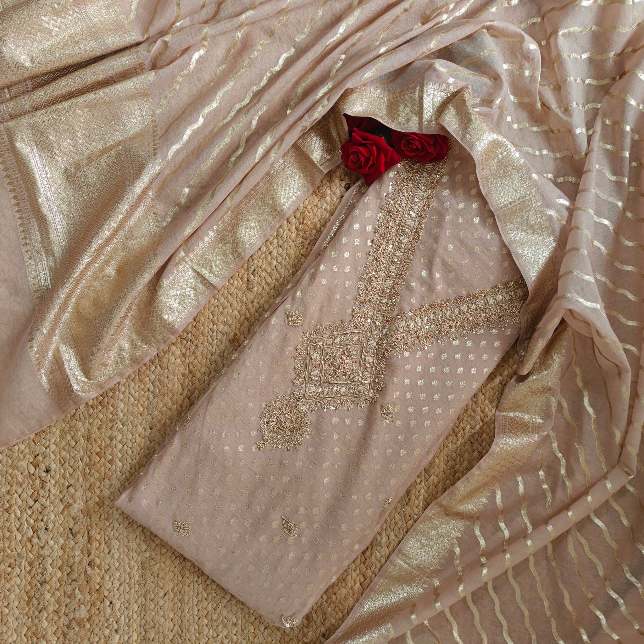 Pure Mul Chanderi with Hand Zardosi and Golden Zari weaving Dress Material