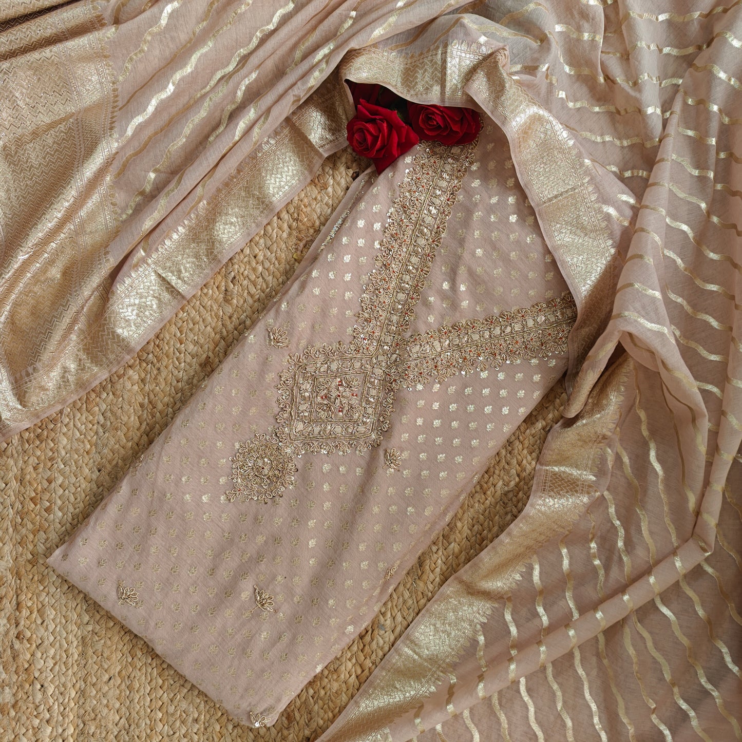 Pure Mul Chanderi with Hand Zardosi and Golden Zari weaving Dress Material