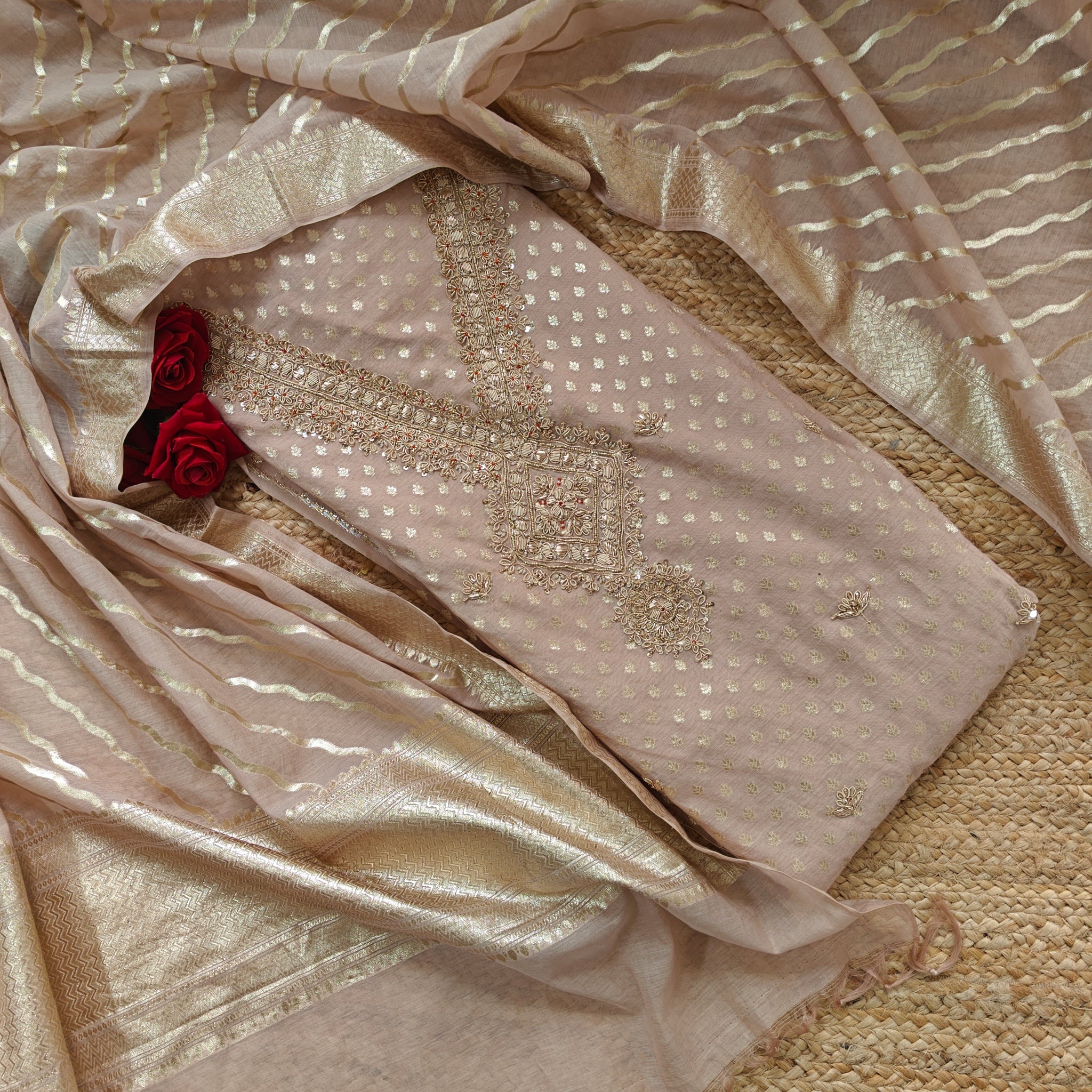 Pure Mul Chanderi with Hand Zardosi and Golden Zari weaving Dress Material