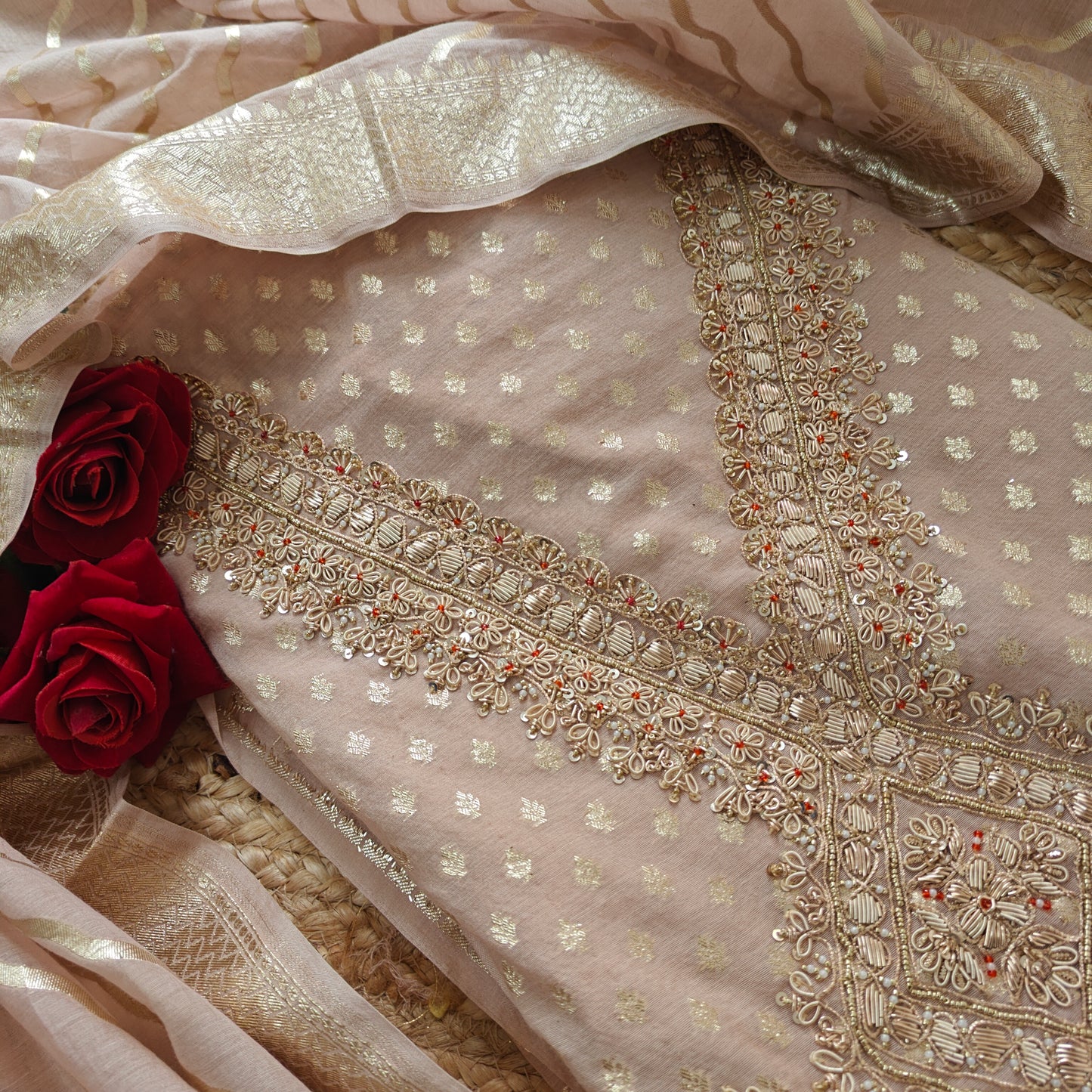 Pure Mul Chanderi with Hand Zardosi and Golden Zari weaving Dress Material