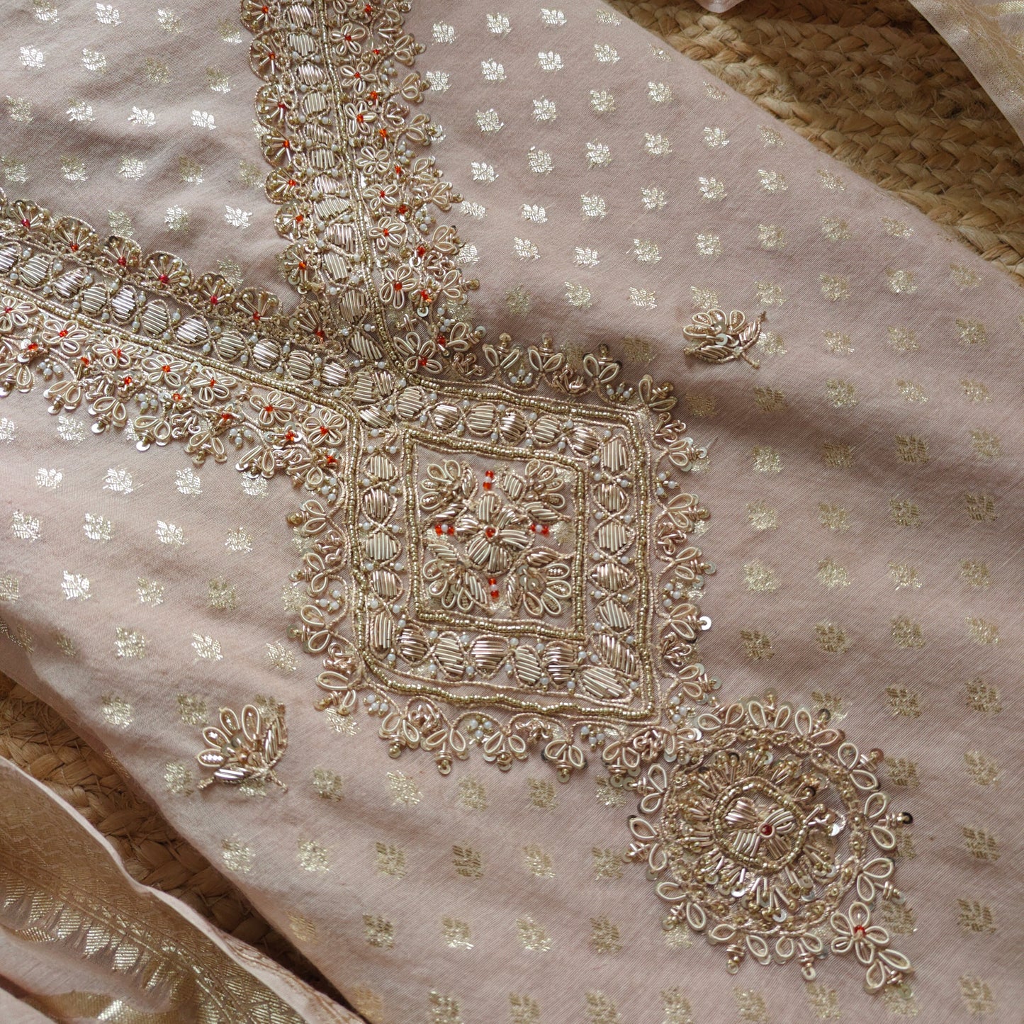 Pure Mul Chanderi with Hand Zardosi and Golden Zari weaving Dress Material