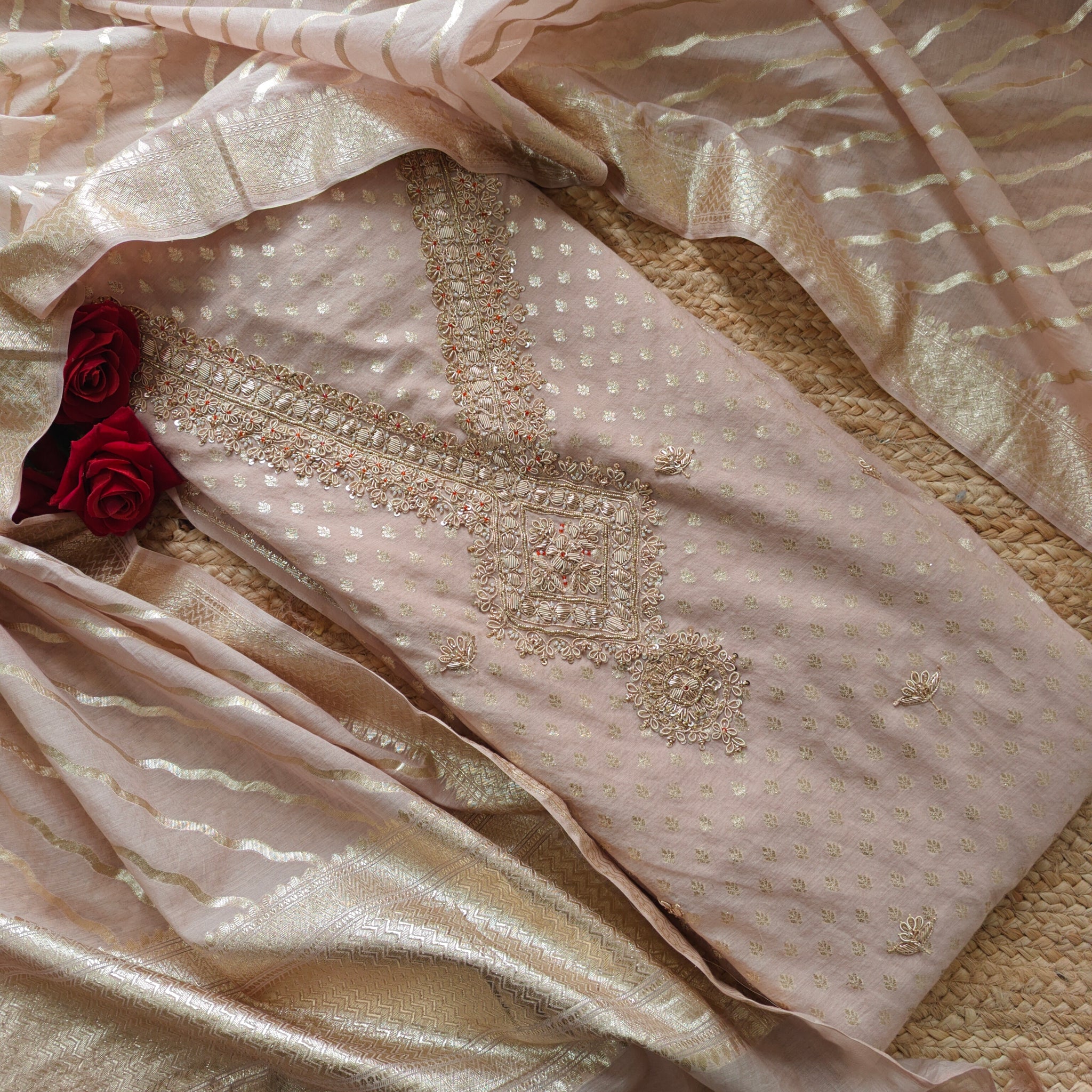 Pure Mul Chanderi with Hand Zardosi and Golden Zari weaving Dress Material