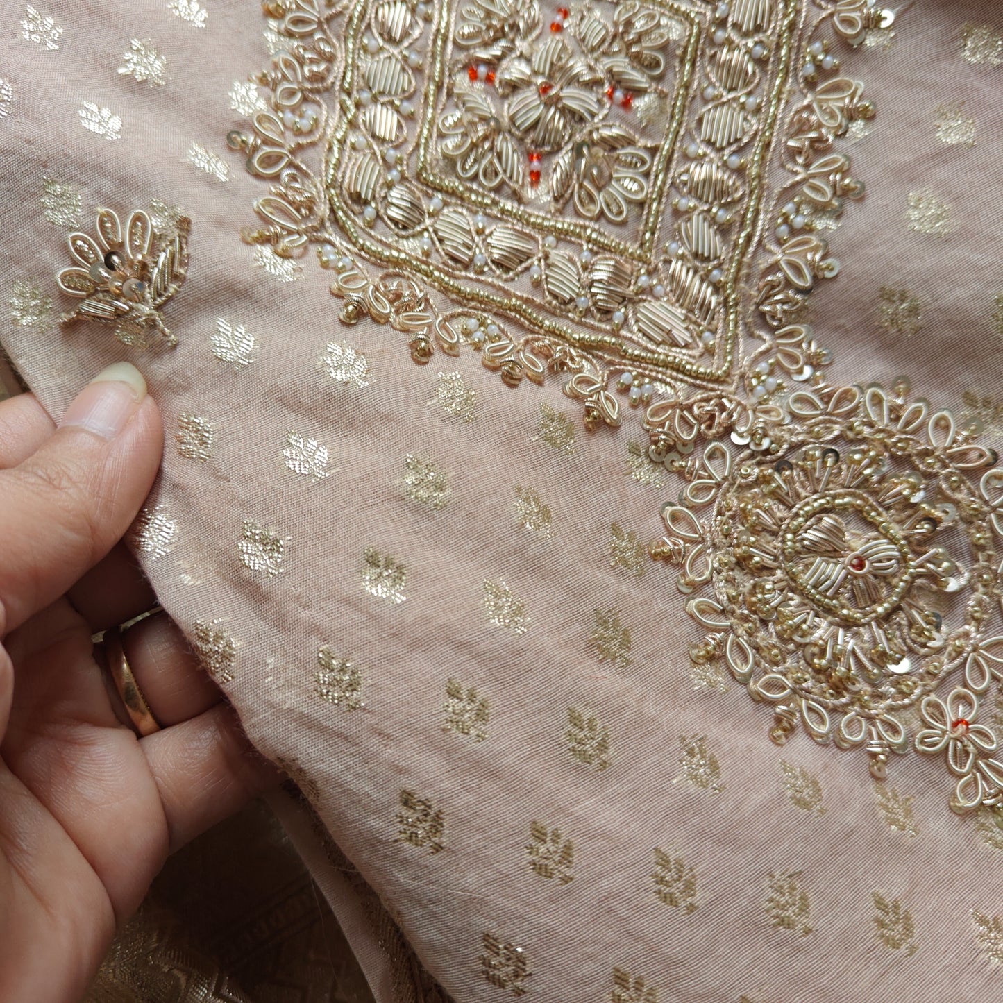 Pure Mul Chanderi with Hand Zardosi and Golden Zari weaving Dress Material