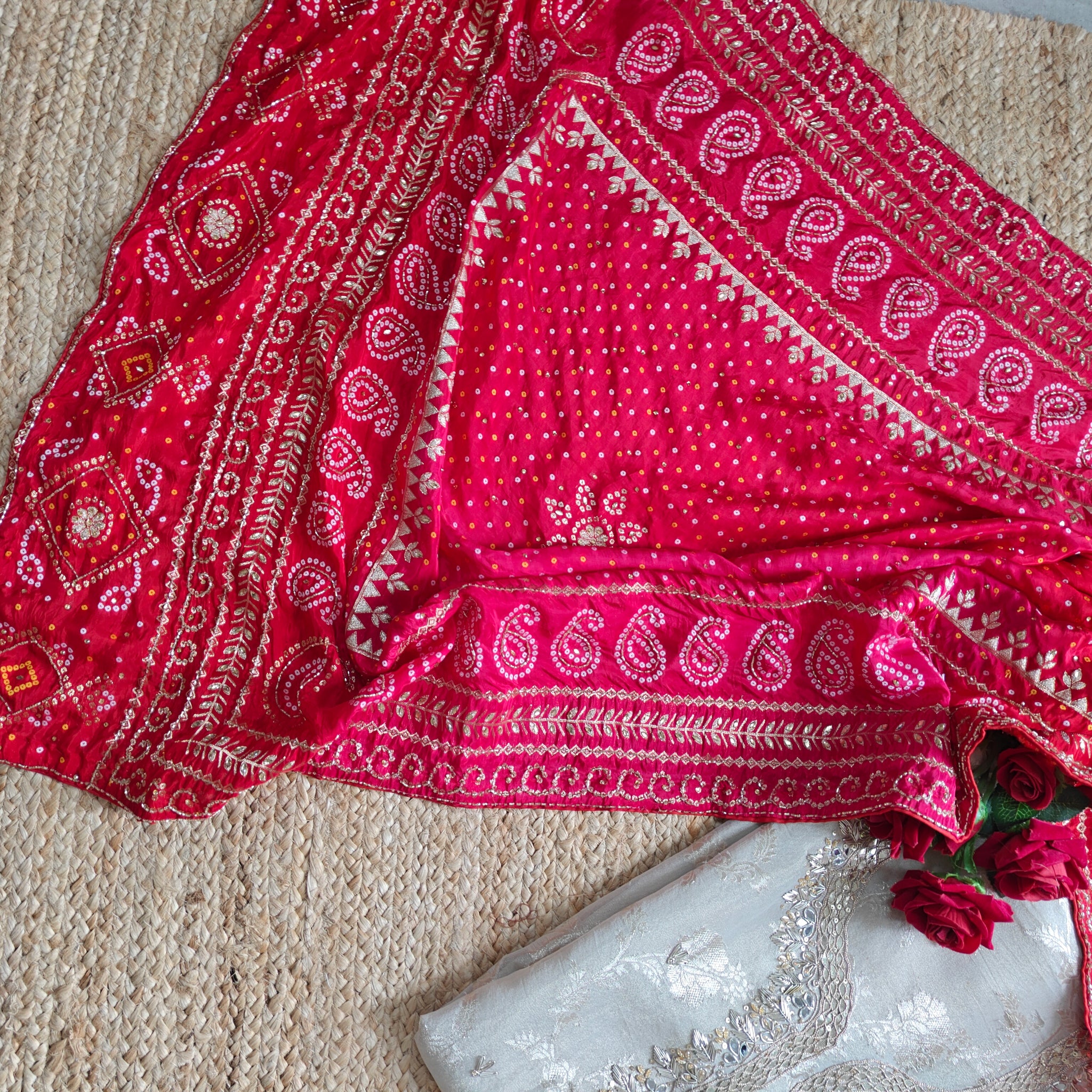 Gotta Partywear Gold kurta with Pink and Red dupatta unstitched suit material