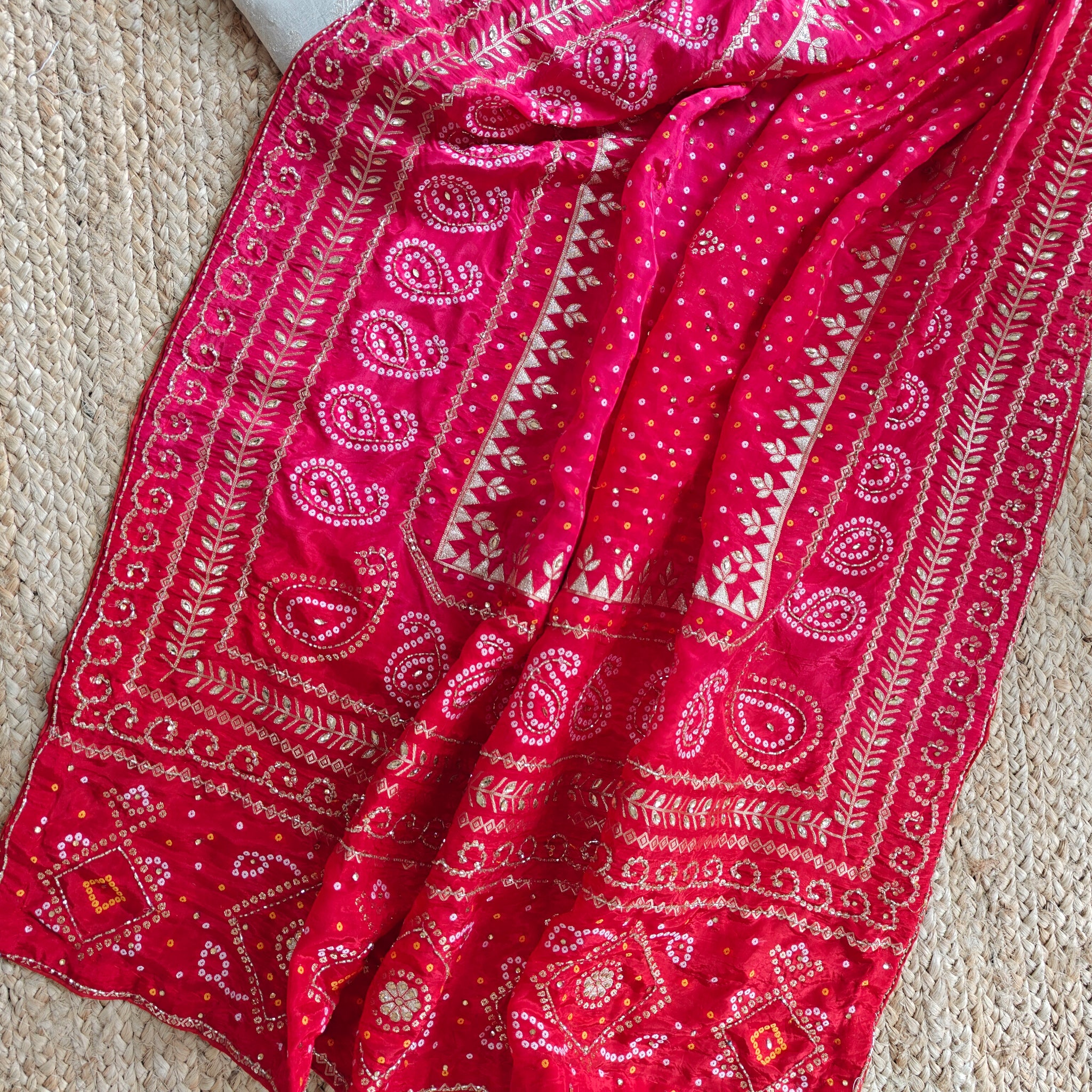 Gotta Partywear Gold kurta with Pink and Red dupatta unstitched suit material