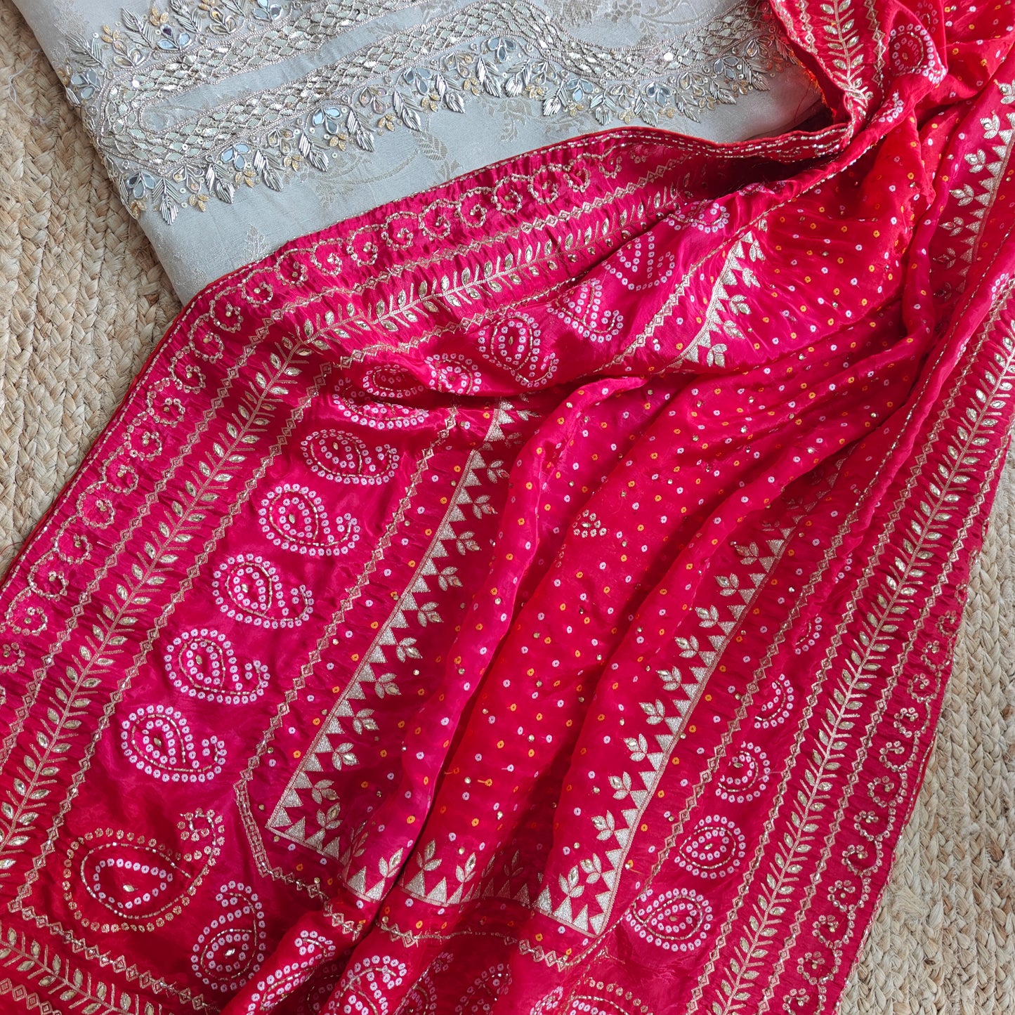 Gotta Partywear Gold kurta with Pink and Red dupatta unstitched suit material