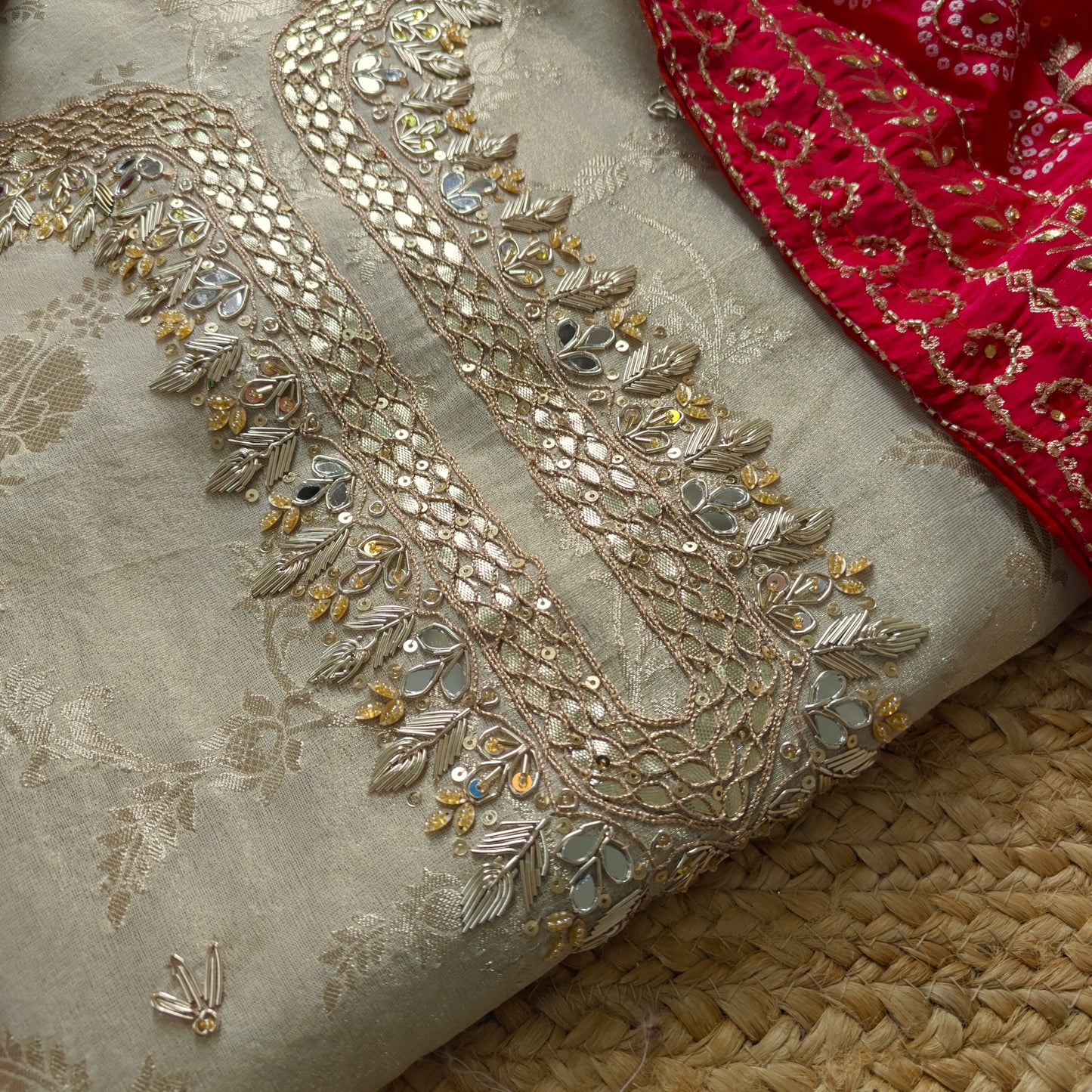 Gotta Partywear Gold kurta with Pink and Red dupatta unstitched suit material